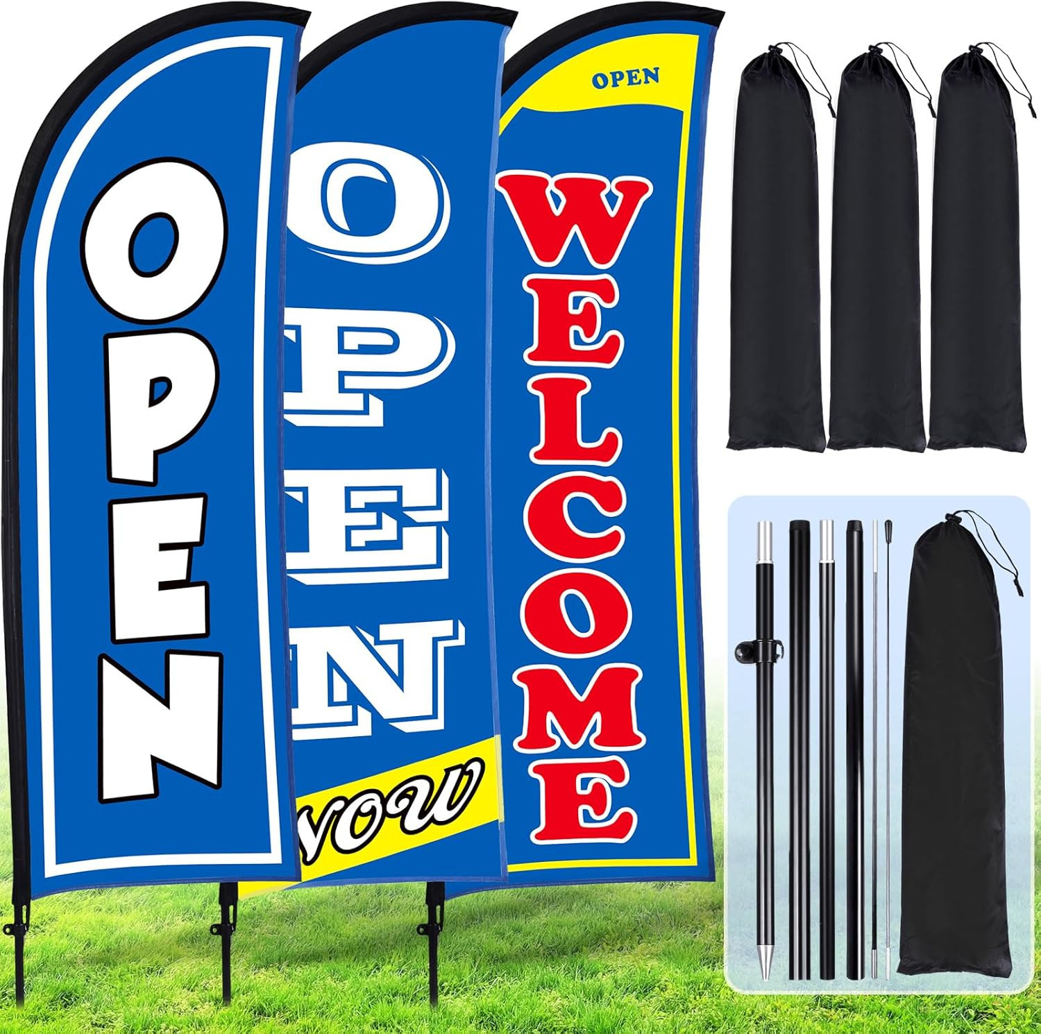 3 Sets 7ft Blue Grand Opening Feather Flags with Poles & Ground Spike
