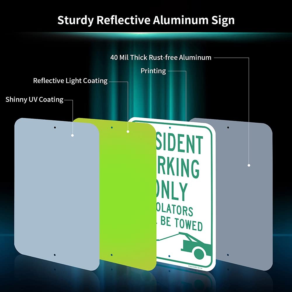 Resident Parking Only Violators Towed Aluminum Reflective Sign .040 18×12 Inch