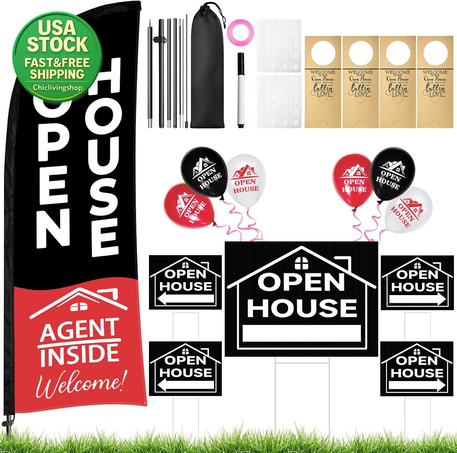 44 Pcs Open House Sign Kit Double Sided Flags Balloons Directions Real Estate
