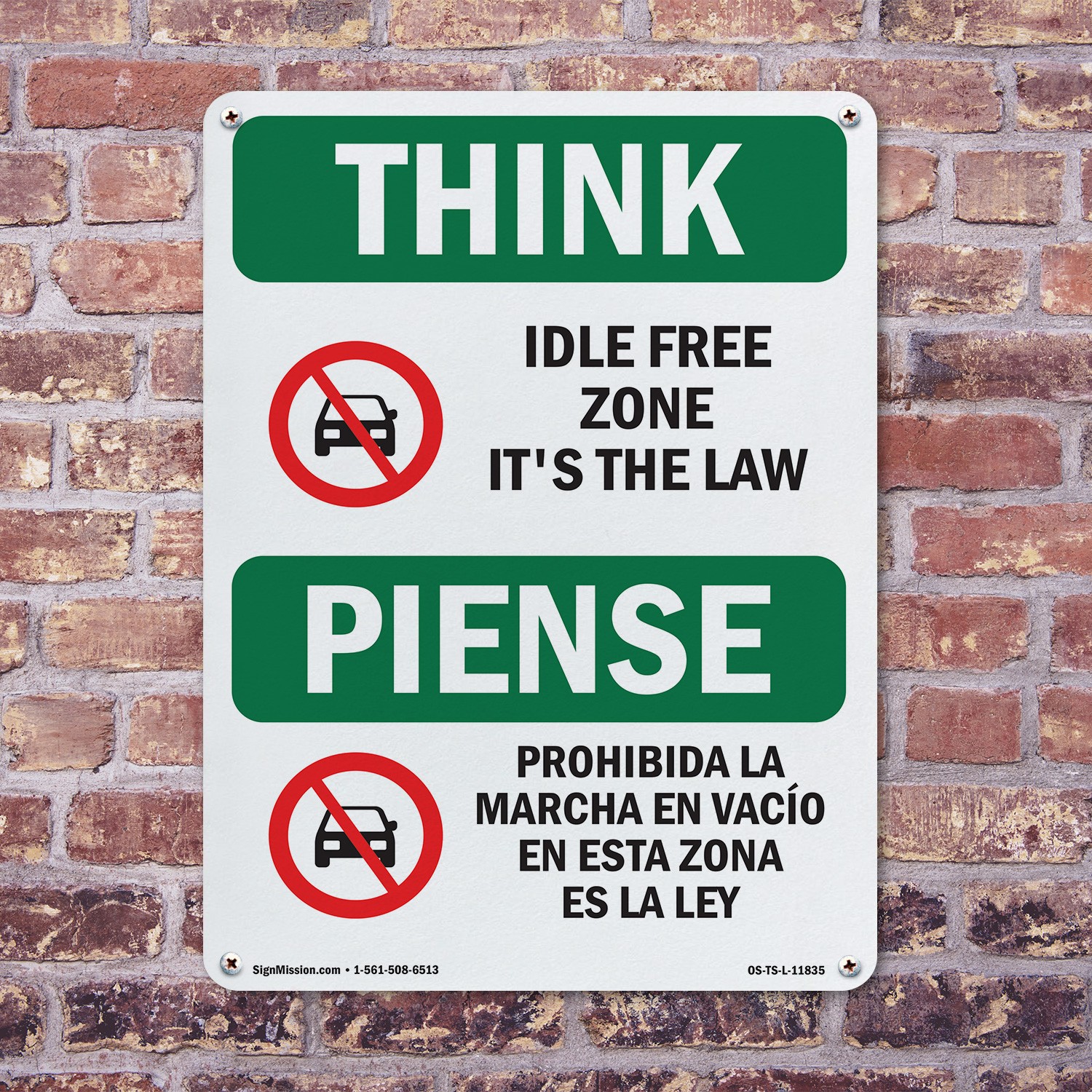 Idle Free Zone It’s The Law Bilingual OSHA Think Sign Or Decal – 5 or 10 Pack