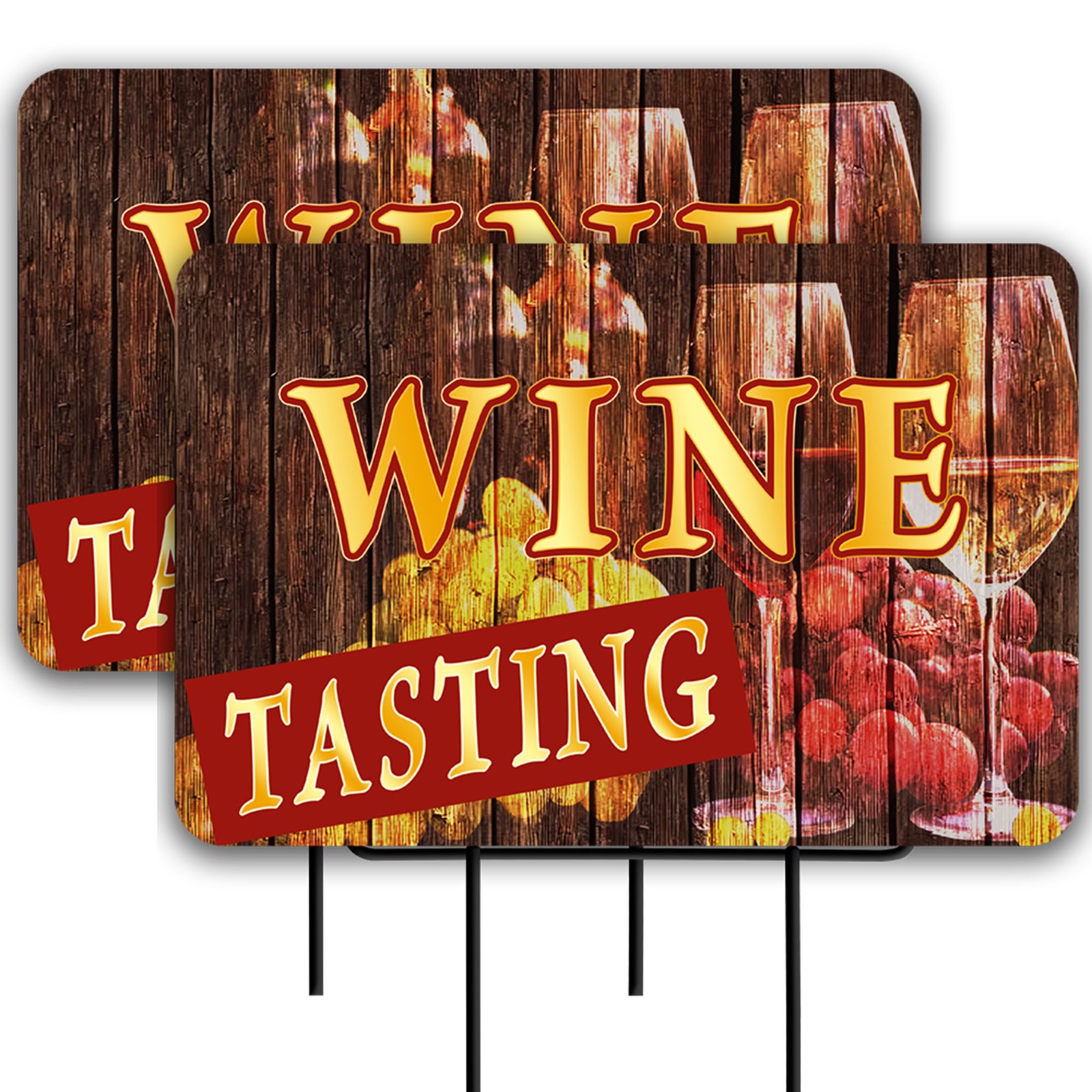 Wine Tasting (wood) 2 Pack Double-Sided Yard Signs 16″ x 24″ with Metal Stakes (