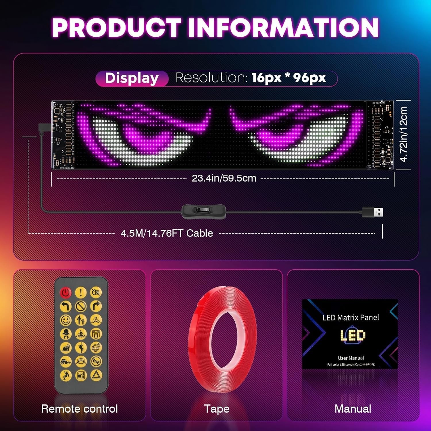 Programmable LED Windshield Sign – Devil Eyes Light, 23.4″x4.7″, Customizable Di