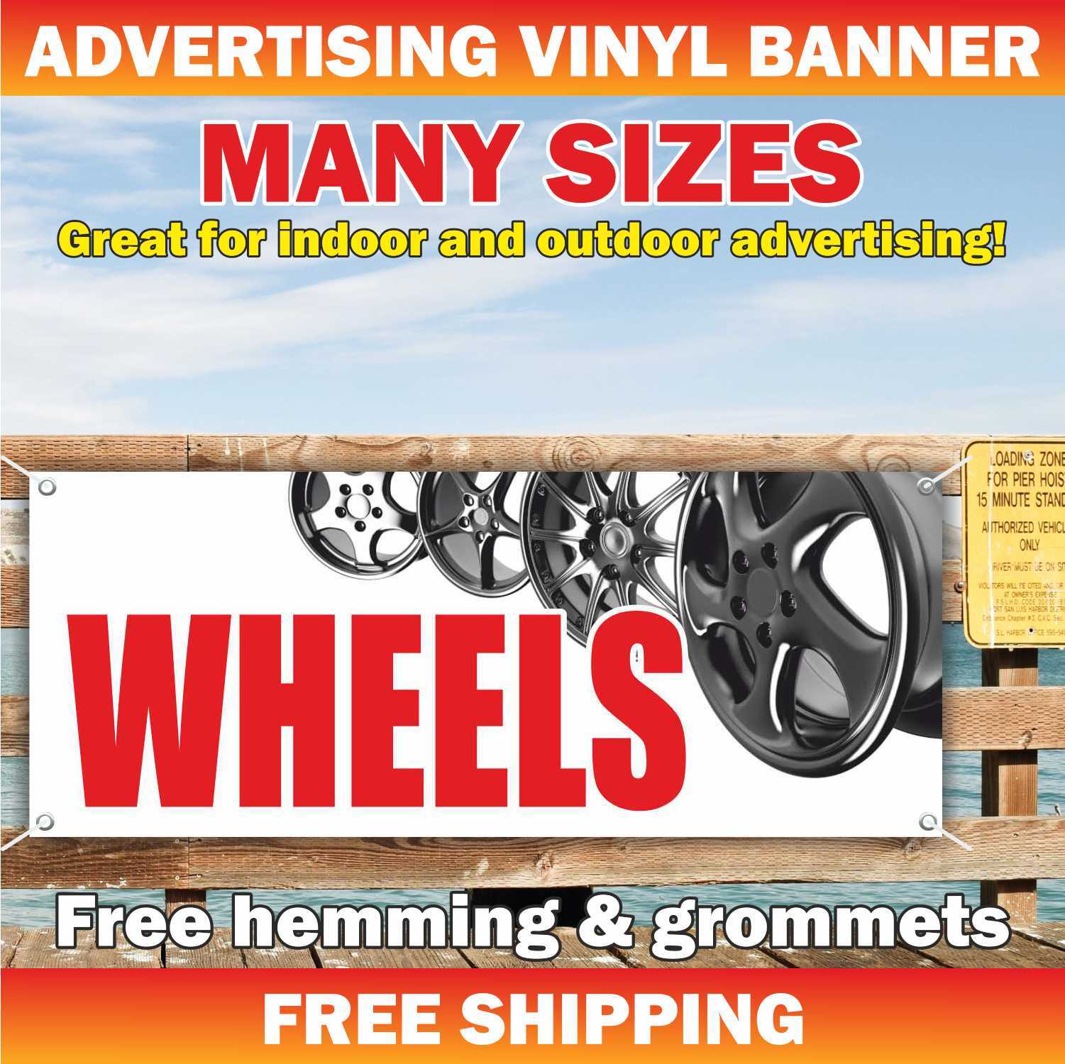 Wheels Advertising Banner Vinyl Mesh Sign Tires Repair Service Garage Shop Rims