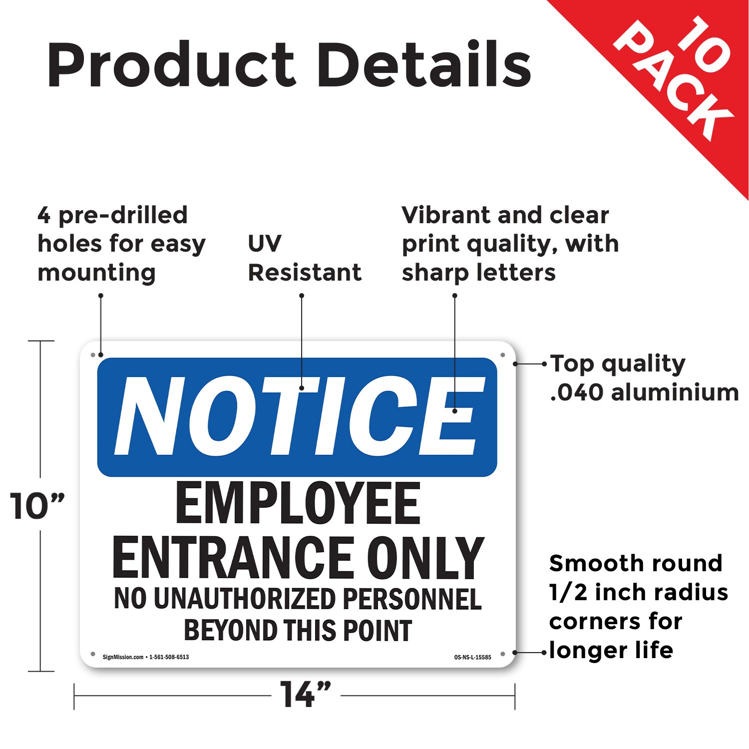 Employee Entrance Only OSHA Notice Sign Metal, Plastic, Or Decal – 5 or 10 Pack