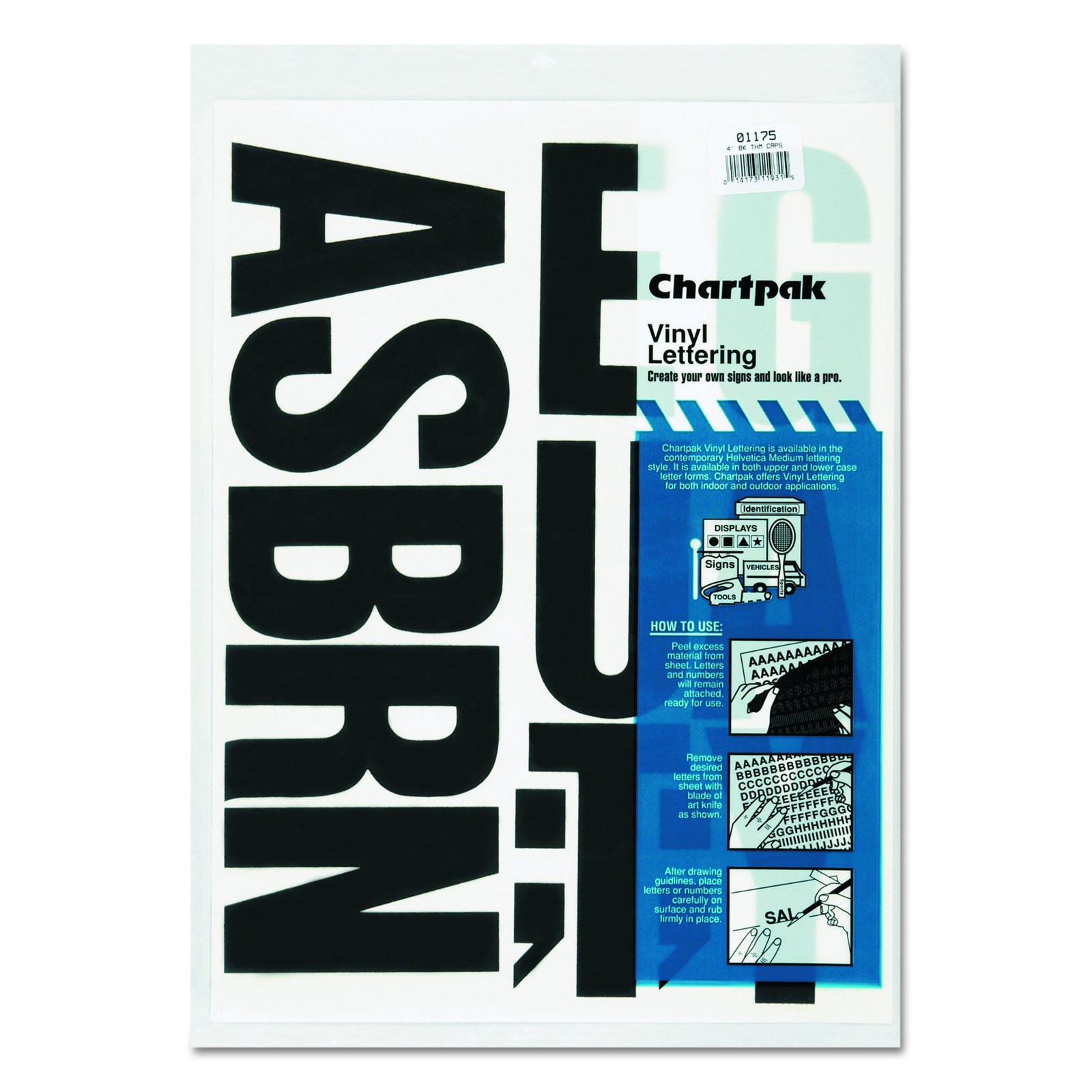 Press-On Vinyl Uppercase Letters, Self Adhesive, Black, 4″h, 58/Pack
