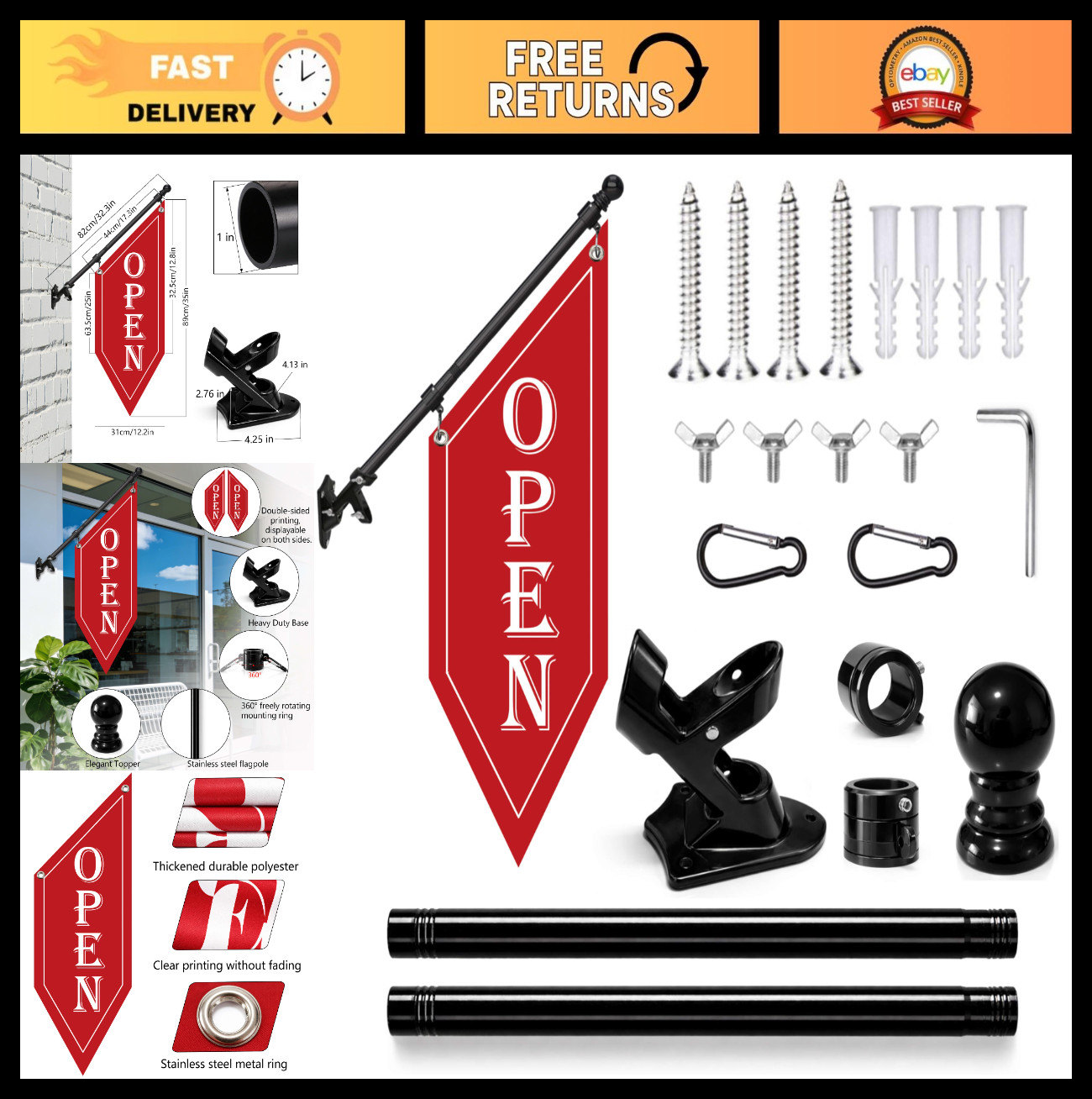 Double-Sided OPEN Flag with Pole Kit – Heavy Duty Outdoor Business Sign for Shop