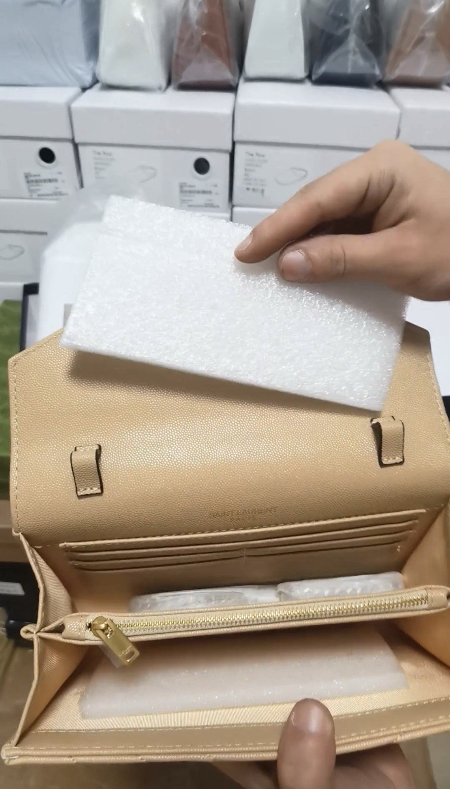 Beige Quilted Foldover Flap Wallet Snap Closure Card Slots Zip Coin Pocket