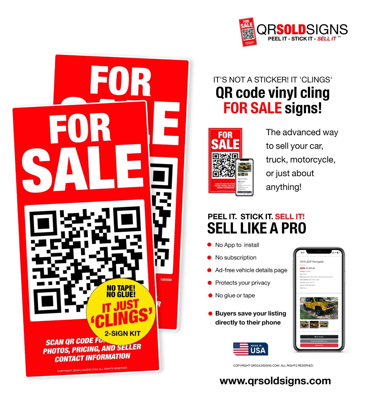 For Sale Sign Car 2-Pack 5.5 x 11 Inch QR Code Signs Vehicles Trucks Motorcycles