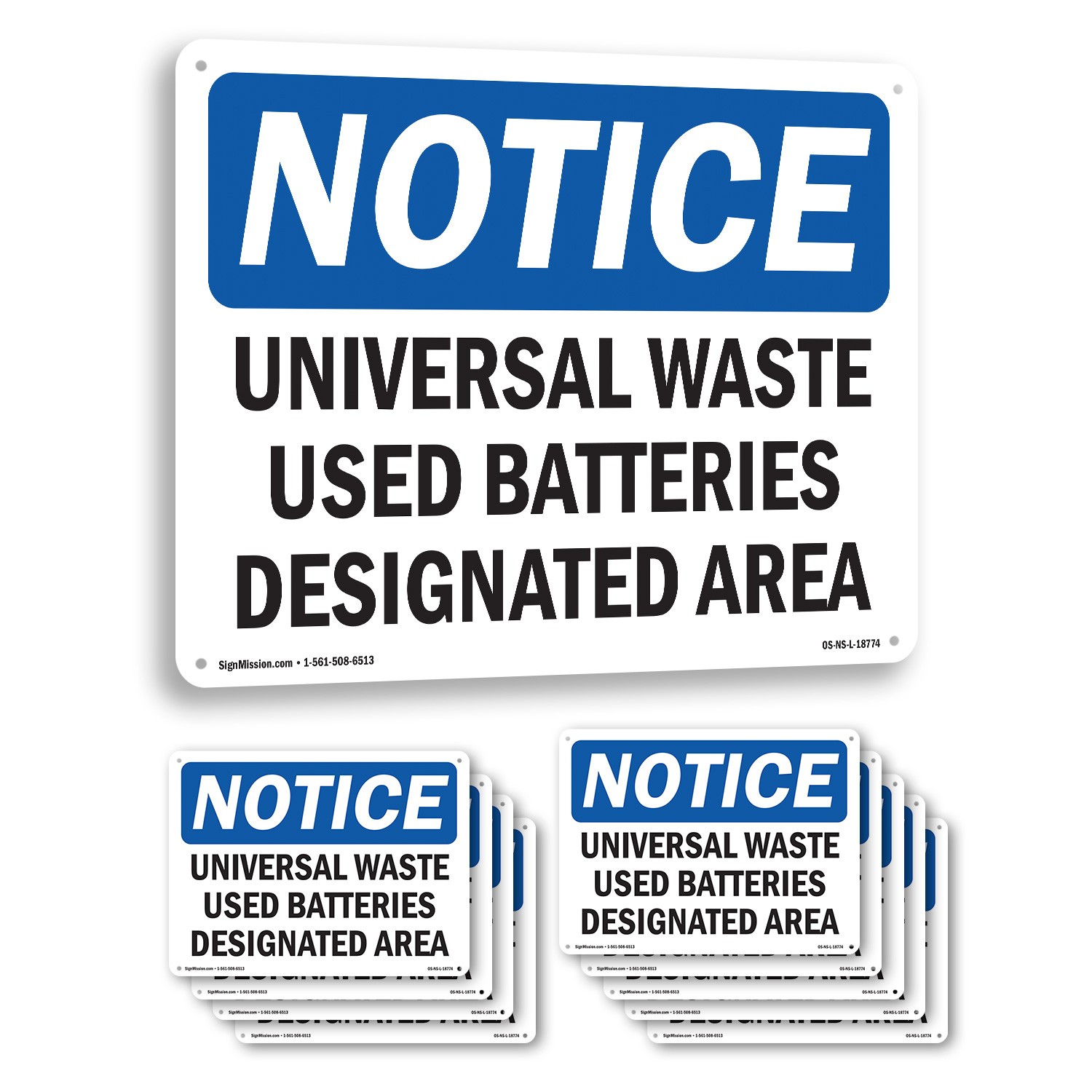 Universal Waste Used Batteries Designated Area OSHA Notice Sign – 5 or 10 Pack