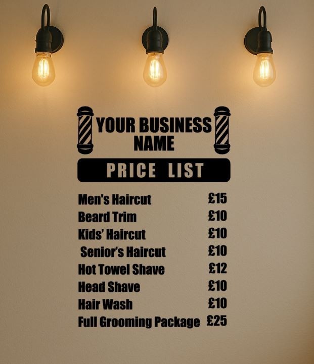 Price List Personalised Barber Shop Sticker Sign Vinyl Window Wall Decal
