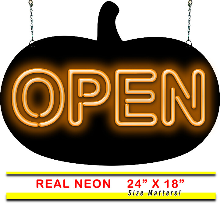 Open w/ Pumpkin Neon Sign REAL Neon Window Sign Hand Bent Glass Advertising