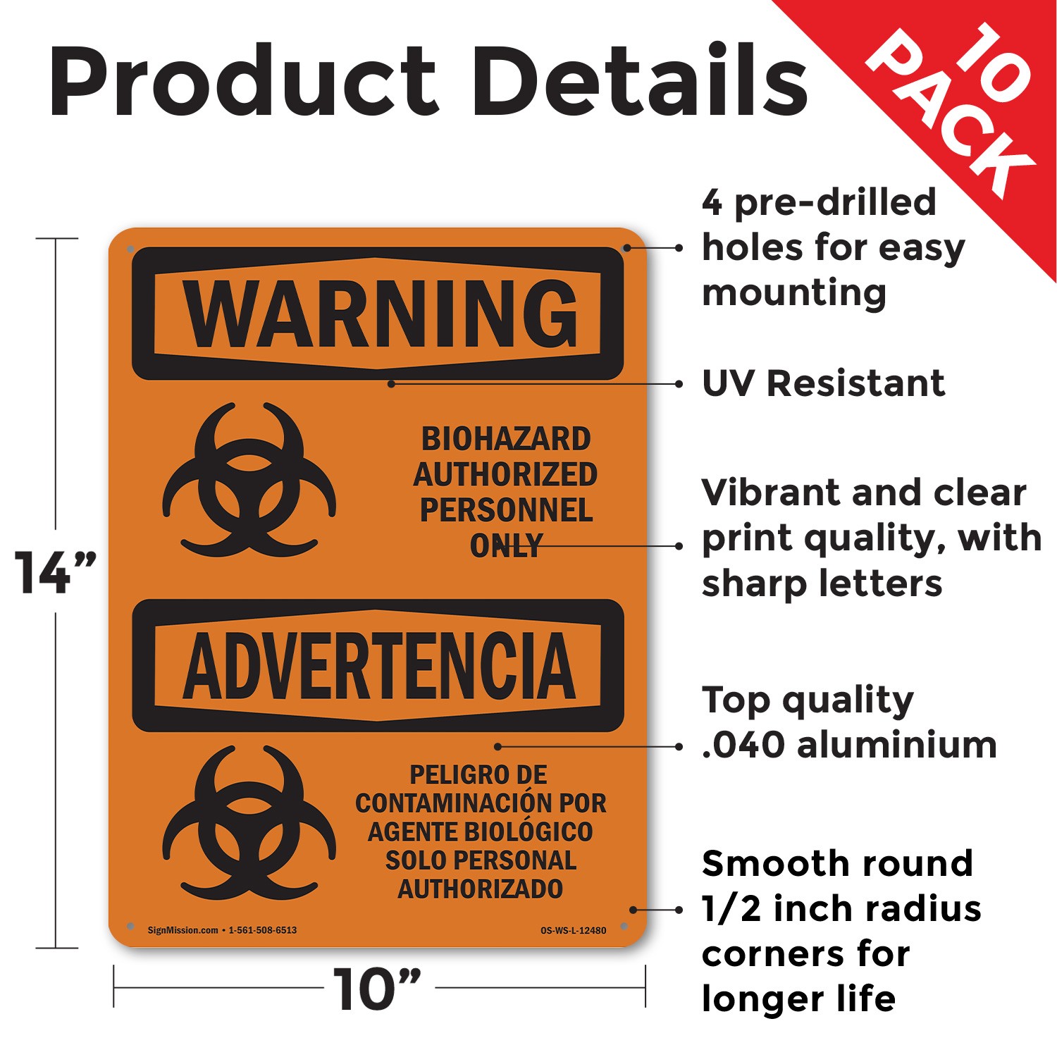 Biohazard Authorized Personnel Bilingual OSHA WARNING Sign, Decal 5 or 10 Pack