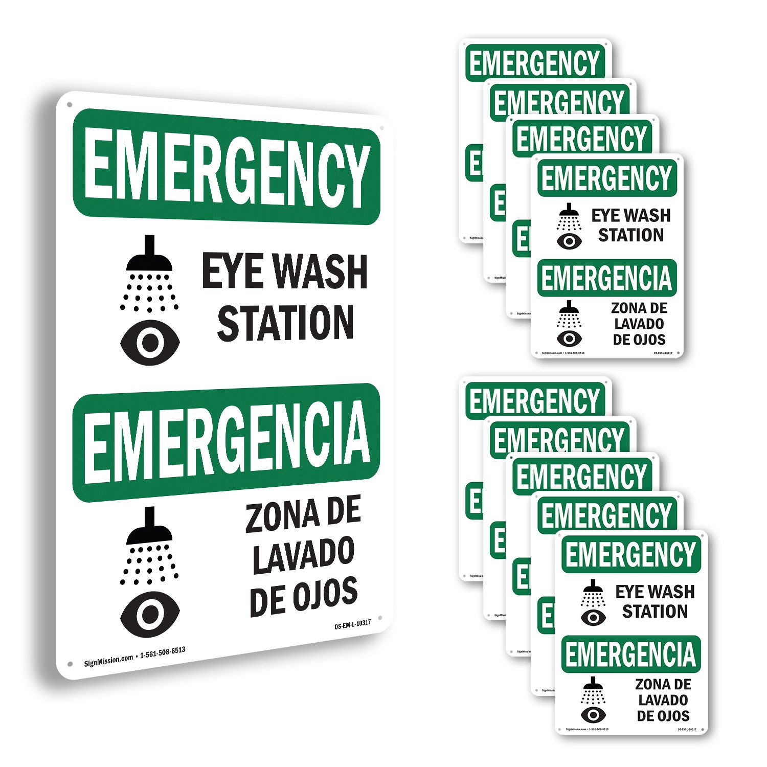 Eye Wash Station Bilingual OSHA Emergency Sign Metal Plastic, Decal 5 or 10 Pack