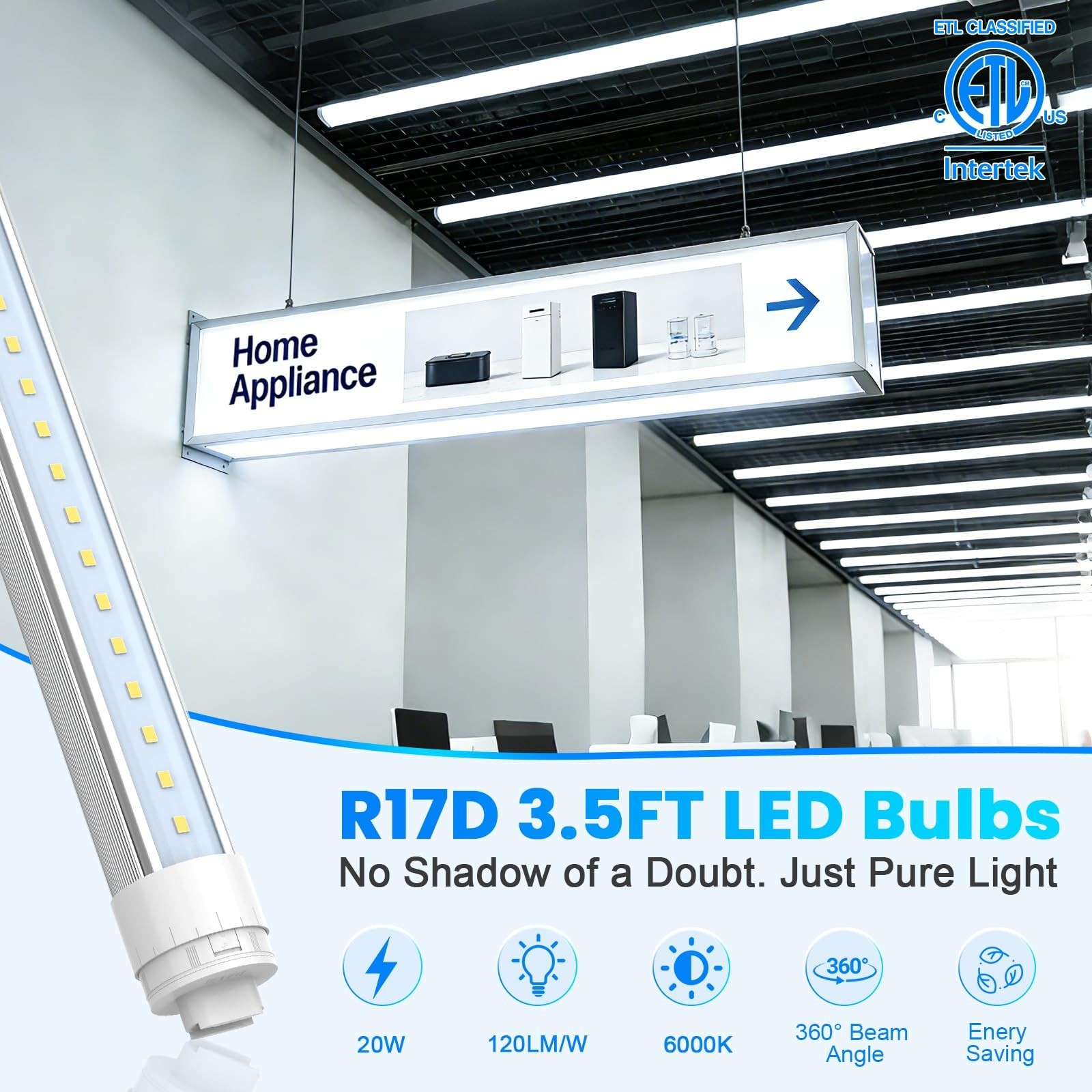 28W LED Tube Lights 4-Pack, 360° R17D/HO Base, 3.5ft for Double-Sided Signs, 600