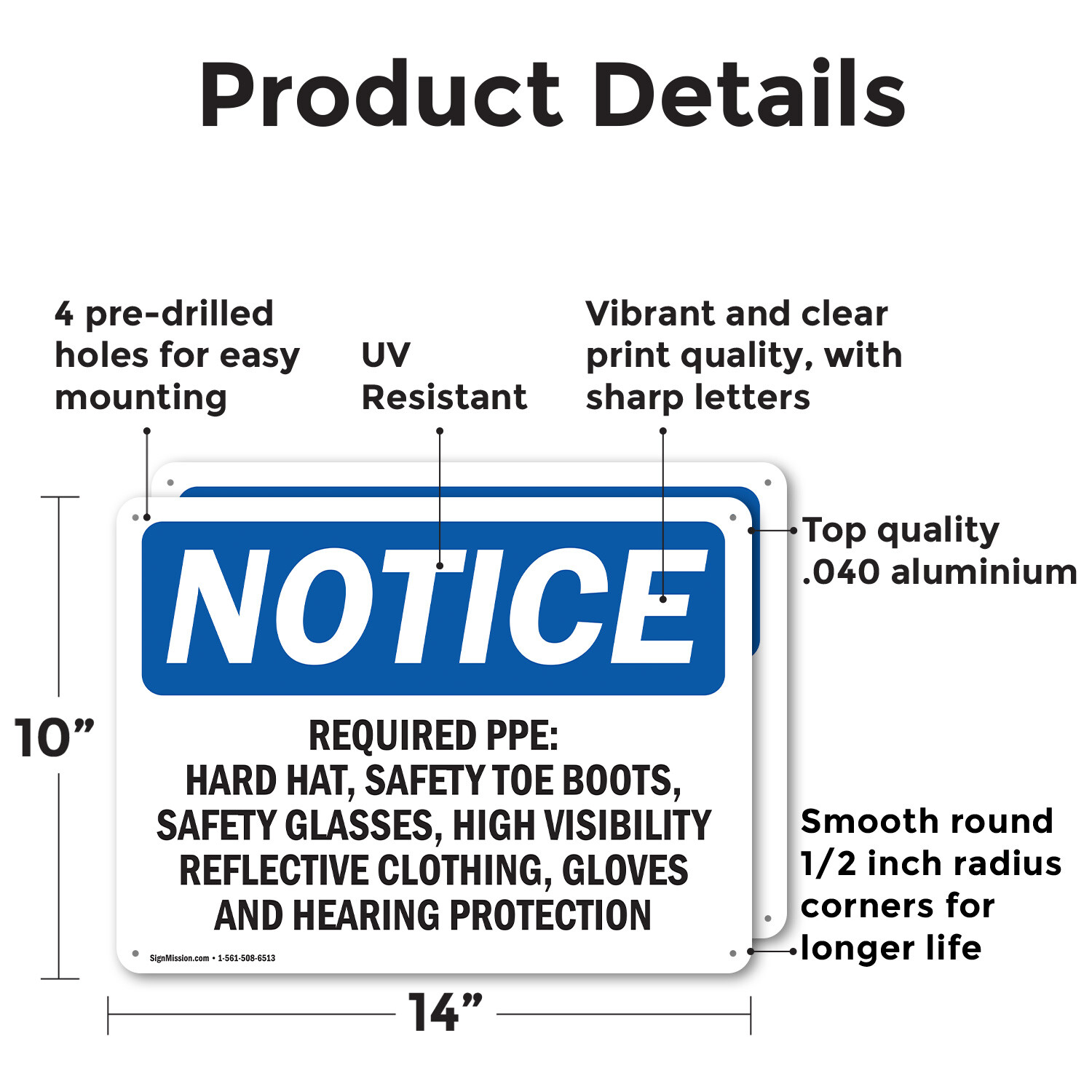 (2 Pack) Required PPE Hard Hat Safety Toe Boots OSHA Notice Sign Decal Metal