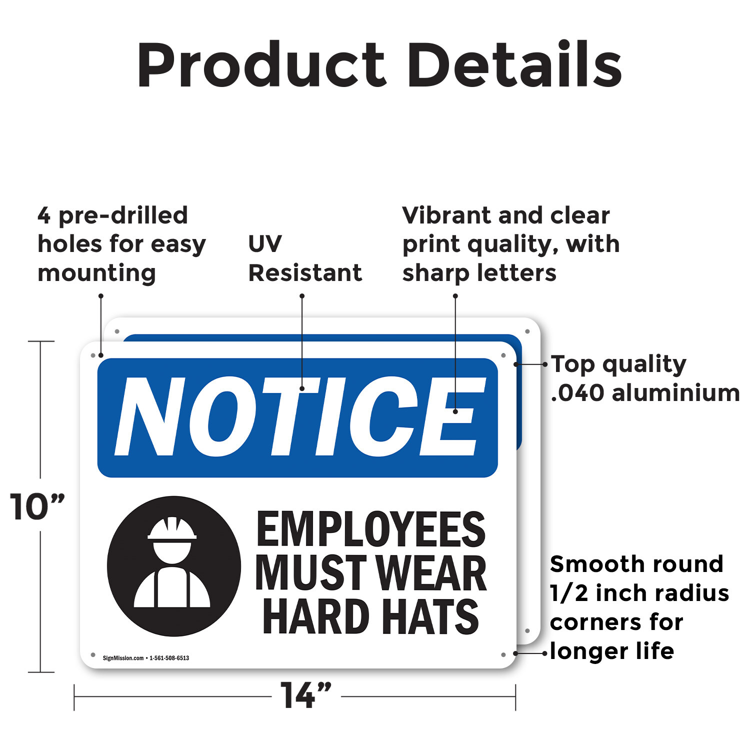 (2 Pack) Employees Must Wear Hard Hats OSHA Notice Sign Decal Metal Plastic