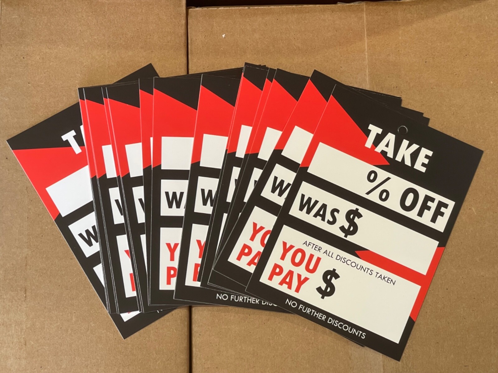 20 Pack 5” x 7” Retail Store Sale Signs Take _% Off Was $_ You Pay $_