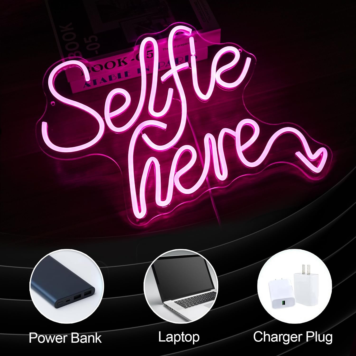 Selfie Here Neon Sign Dimmable Pink Words Light Up Sign for Wall Decor Selfie…