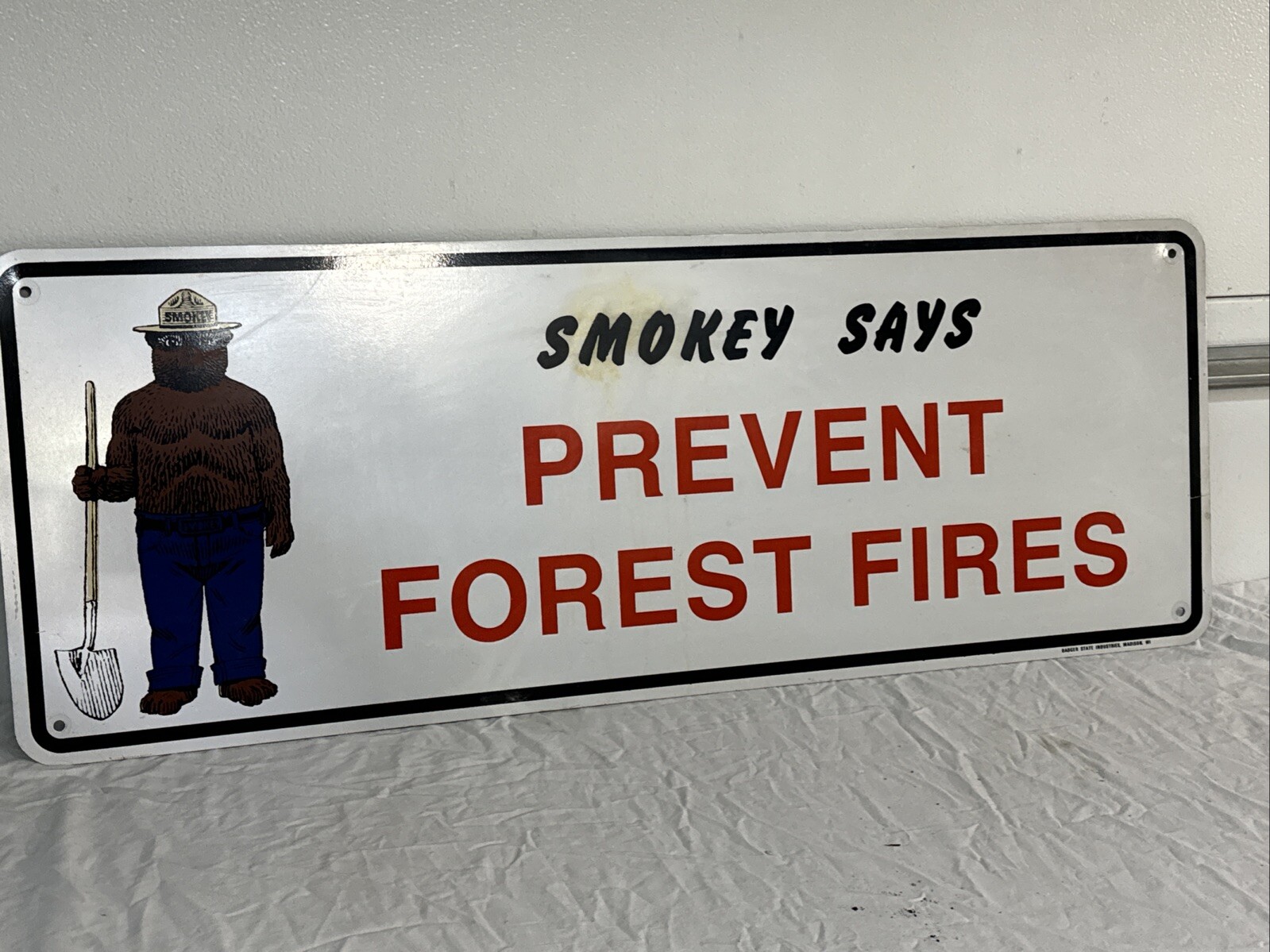 X•Vintage 18”x48” ‘Smokey Says Prevent Forest Fires’ Badger State Ind Metal Sign