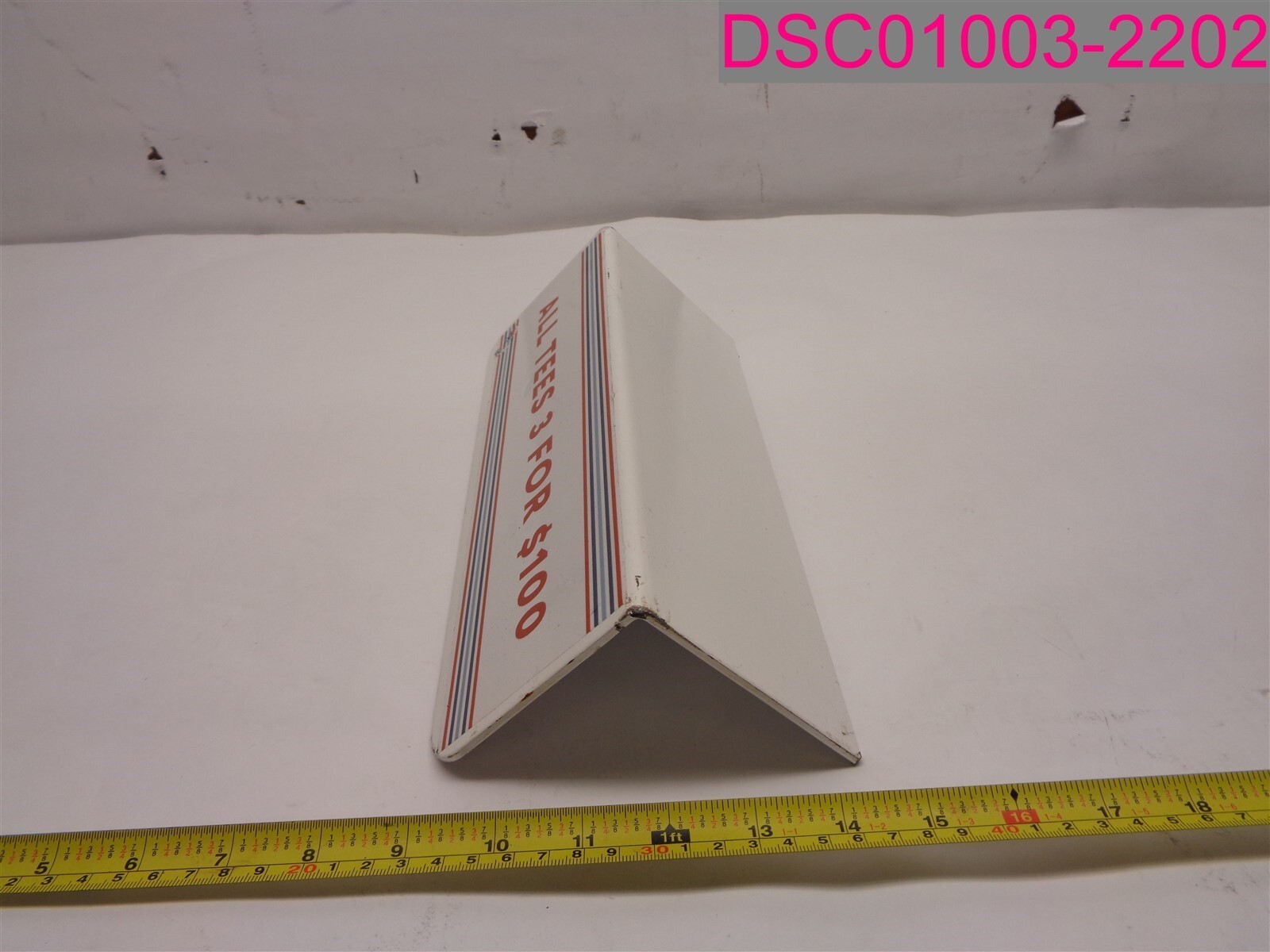 White Metal Retail Sign Shelf Advertisment “All Tees 3 for $100”. 12″x4″x4″