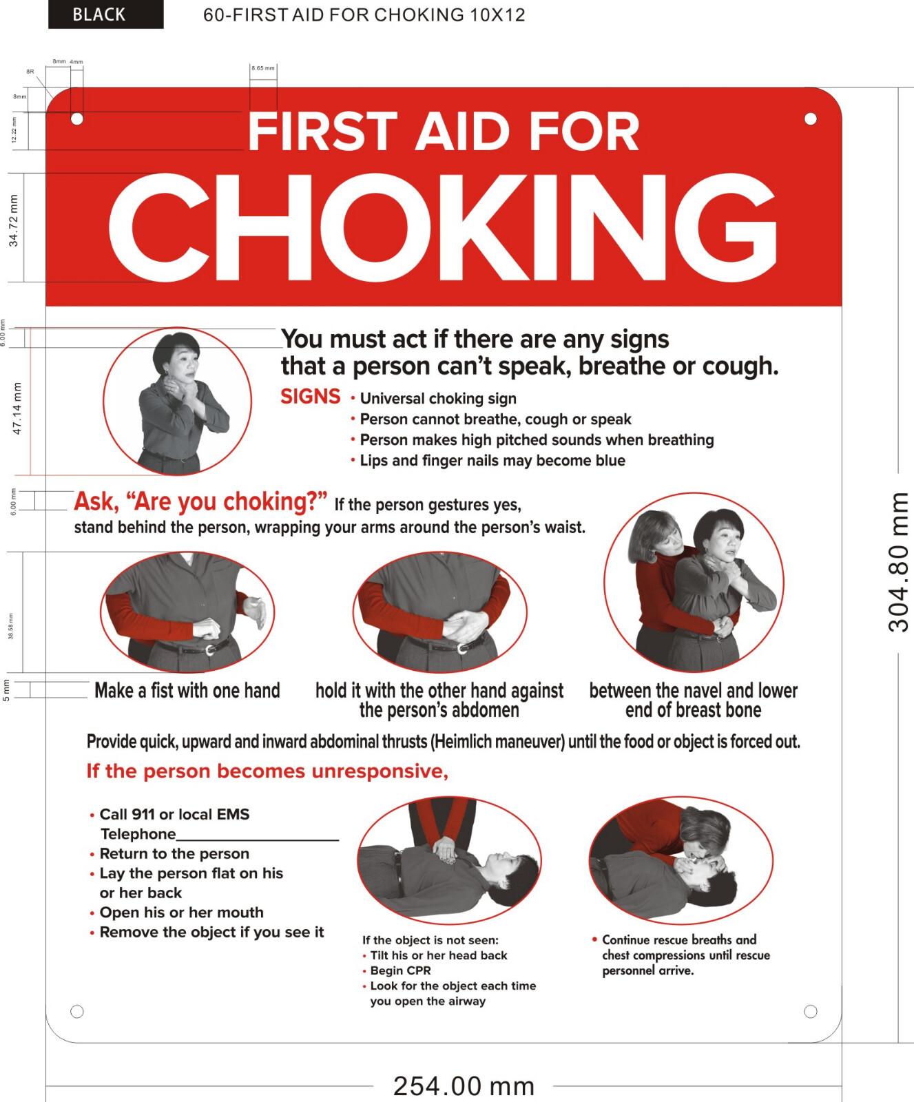 FIRST AID FOR CHOKING SIGN (7×10) White. Aluminum)