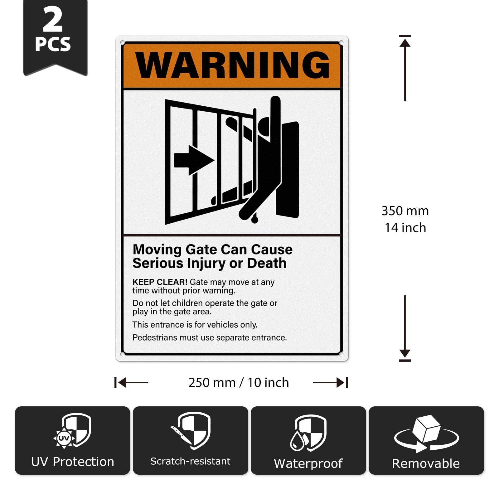 2 Pack Warning Moving Gate Signs 10×14 Inches Pre-Drilled Holes Waterproof