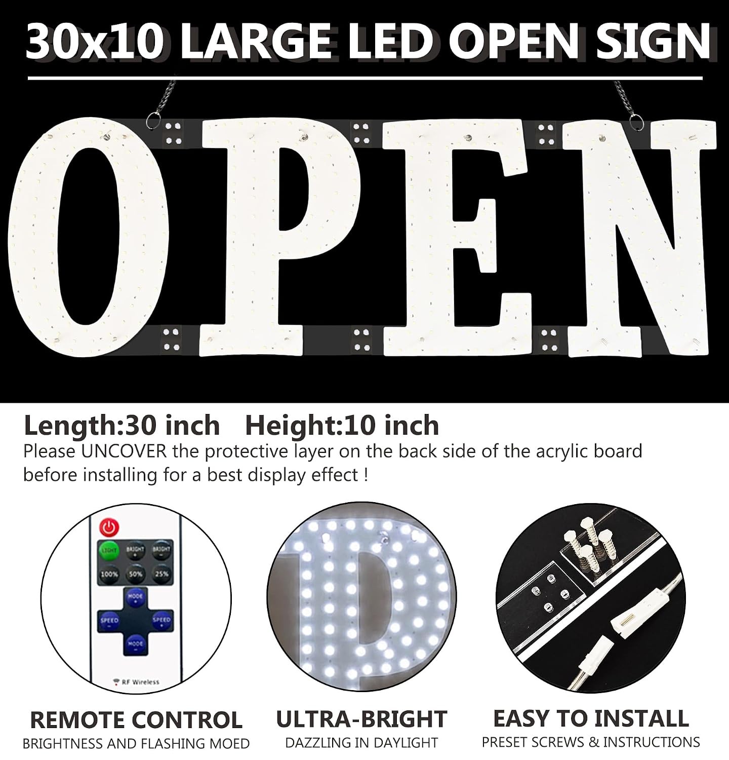 30×10 Ultra Bright Led Open Sign for Business Window Wall Storefront Display