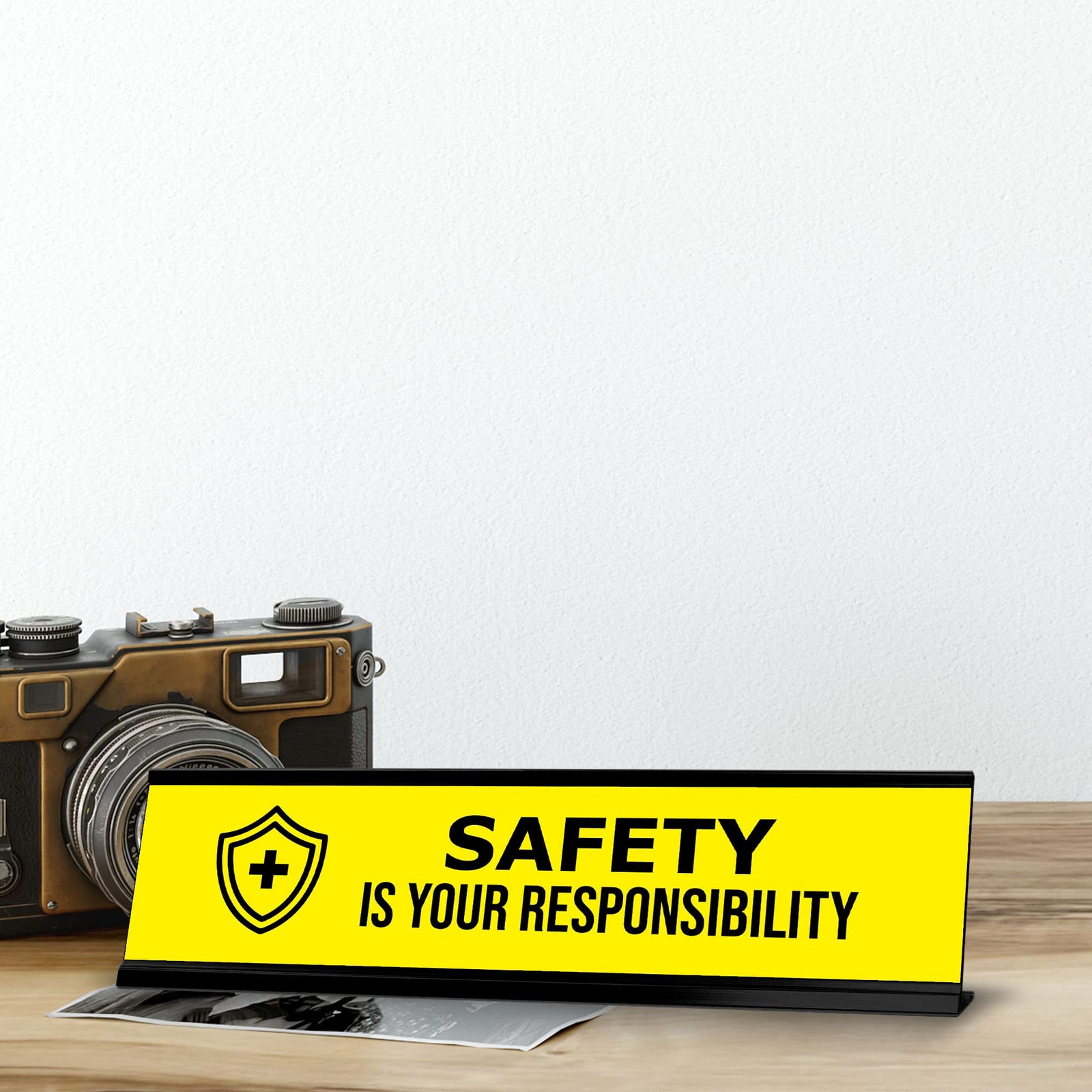 Safety Is Your Responsibility, Yellow Black Frame, Desk Sign (2×8″)