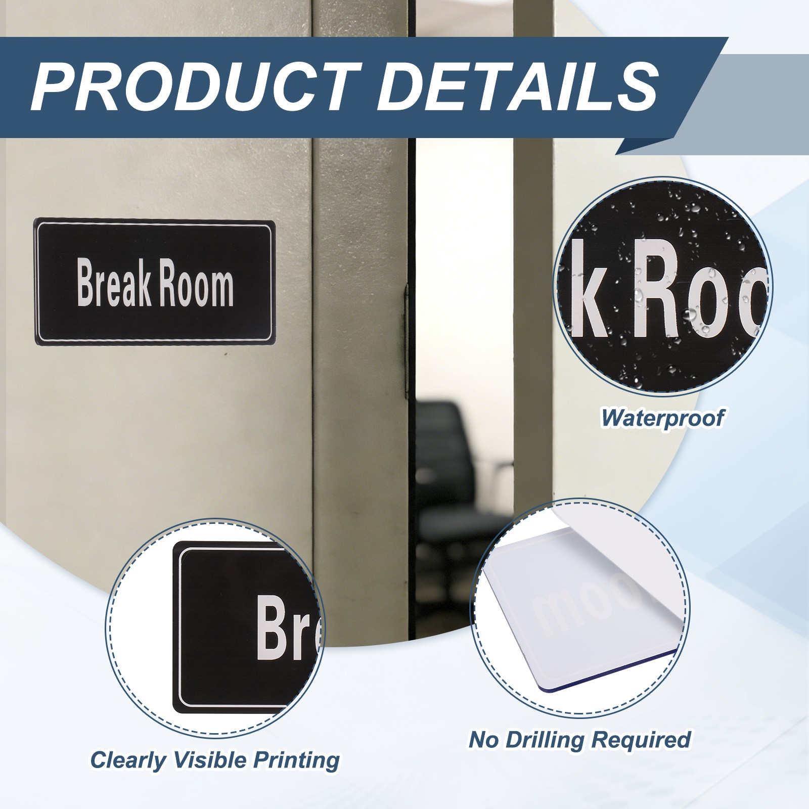 9″x3″ Break Room, 1Pcs Room Door Sign Self-Adhesive, Black with White Text