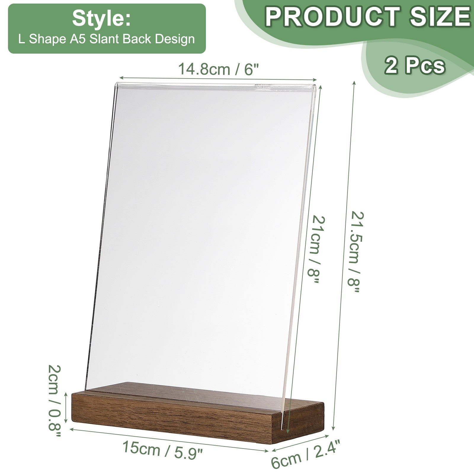 6″ x 8″ Acrylic Sign Holders Wood Base, 2Pcs L-Shape A5 Clear Holder Slant