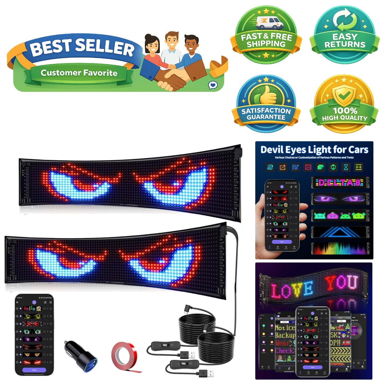 Bluetooth Programmable Dual-Screen LED Signs, 5″x19″ for Vehicle & Store Use
