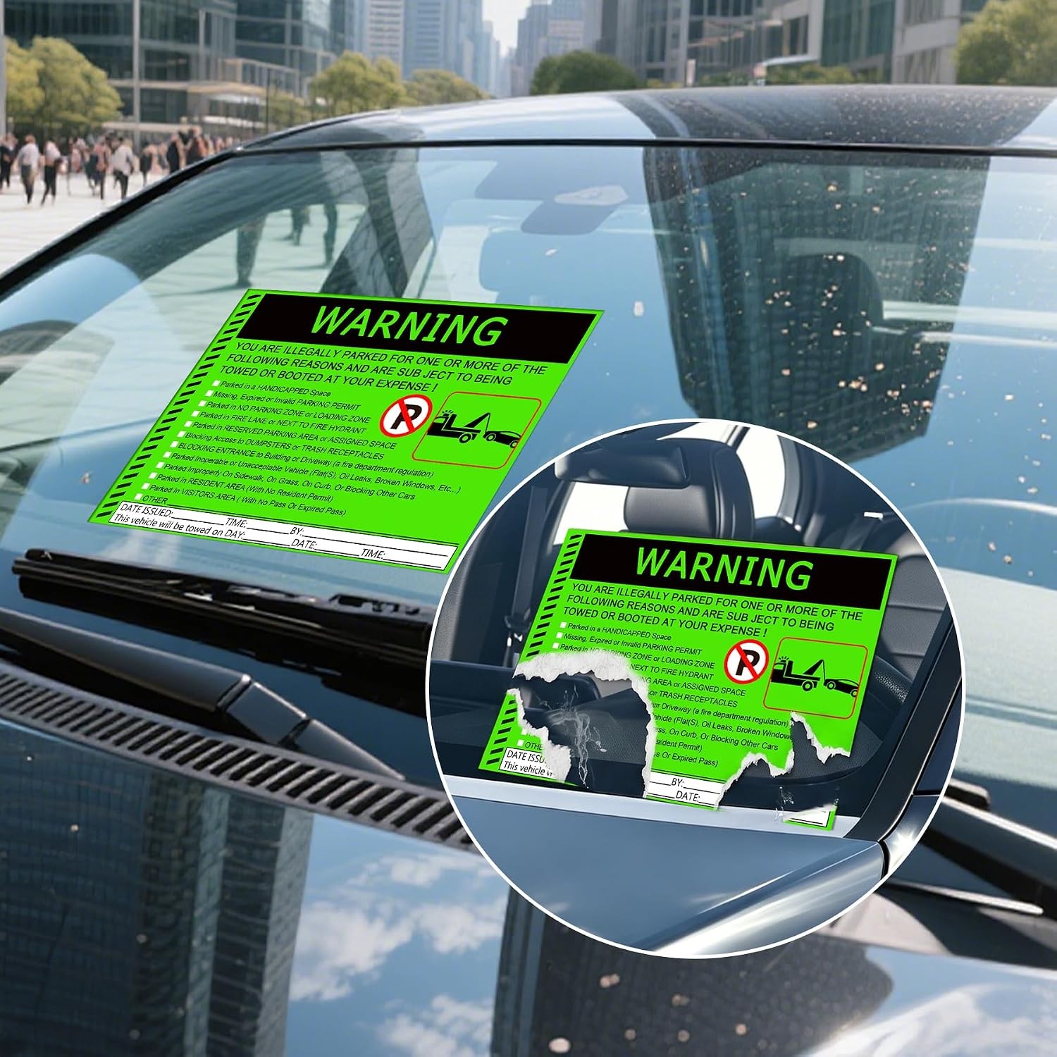 Fluorescent Green Parking Warning Stickers Illegal Parking Sign 50 Pack