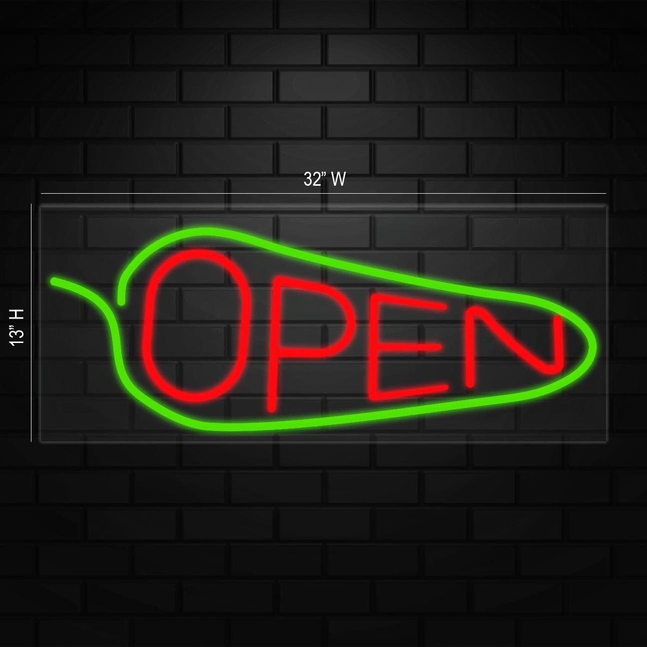 Open Chilli Pepper Neon Sign for Displays | LED Flex Neon | 32″W x 13″H x 1″D