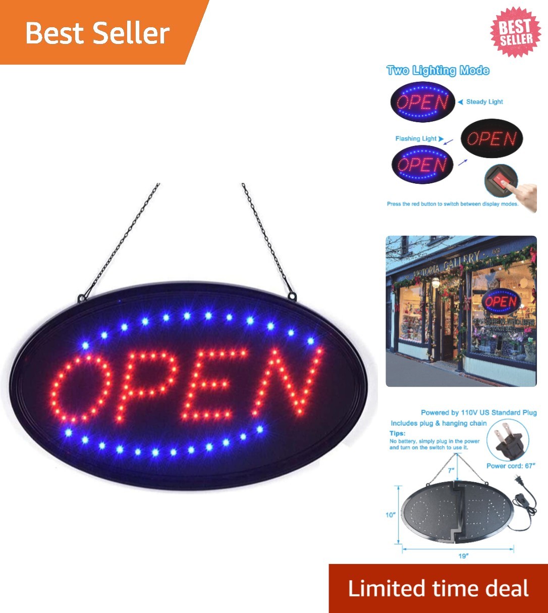 LED Advertisement Board 19″x10″ – Open Sign for Bars & Shops with 2 Modes