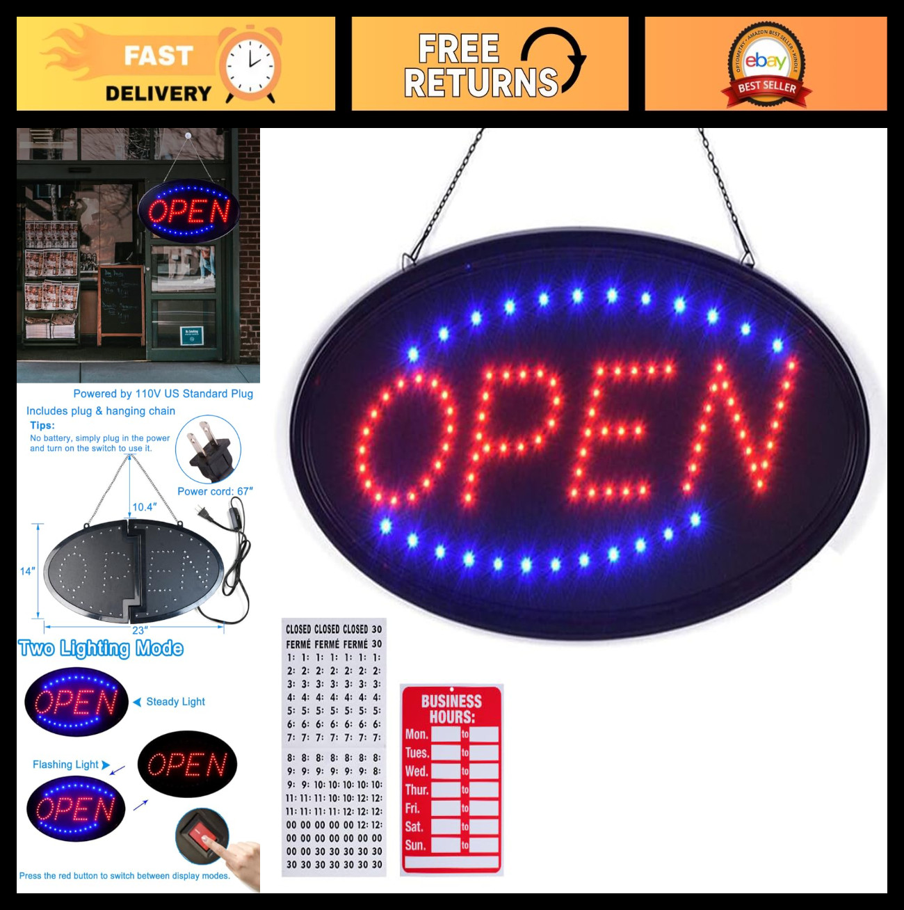 Large LED Open Sign – 23″x14″ Bright Flashing Light for Business, Shop, Bar, Hot