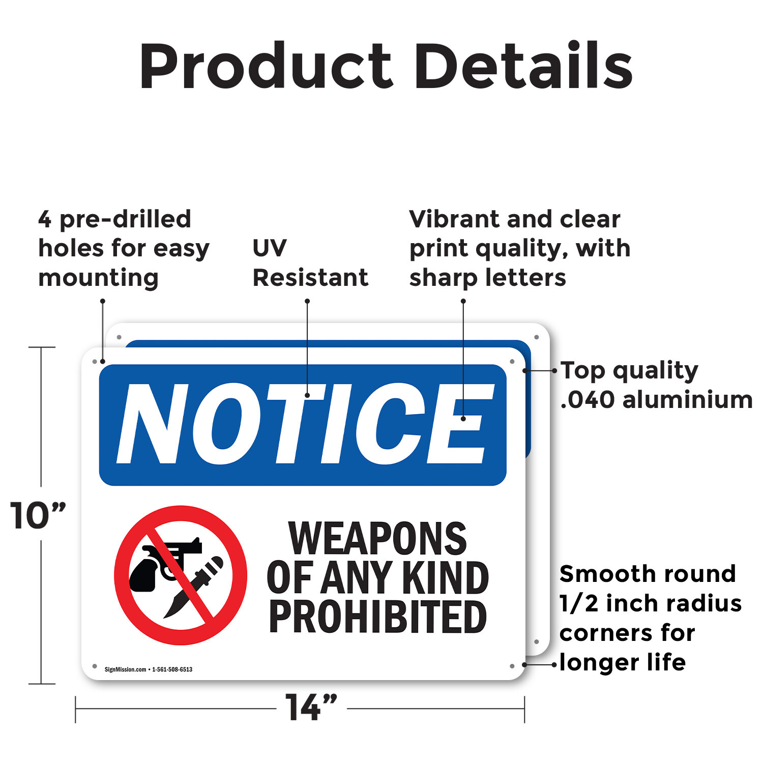(2 Pack) Weapons Of Any Kind Prohibited OSHA Notice Sign Decal Metal Plastic