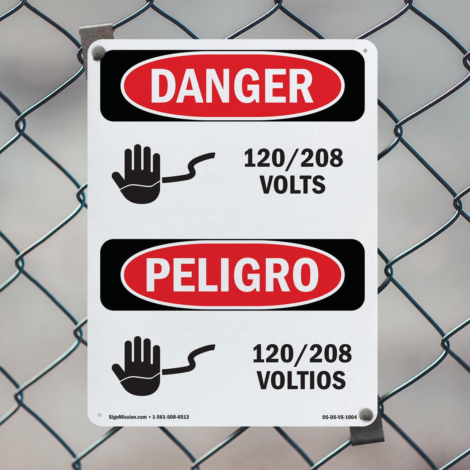 120 208 Volts Bilingual OSHA Danger Sign Metal, Plastic, Or Decal – 5 or 10 Pack