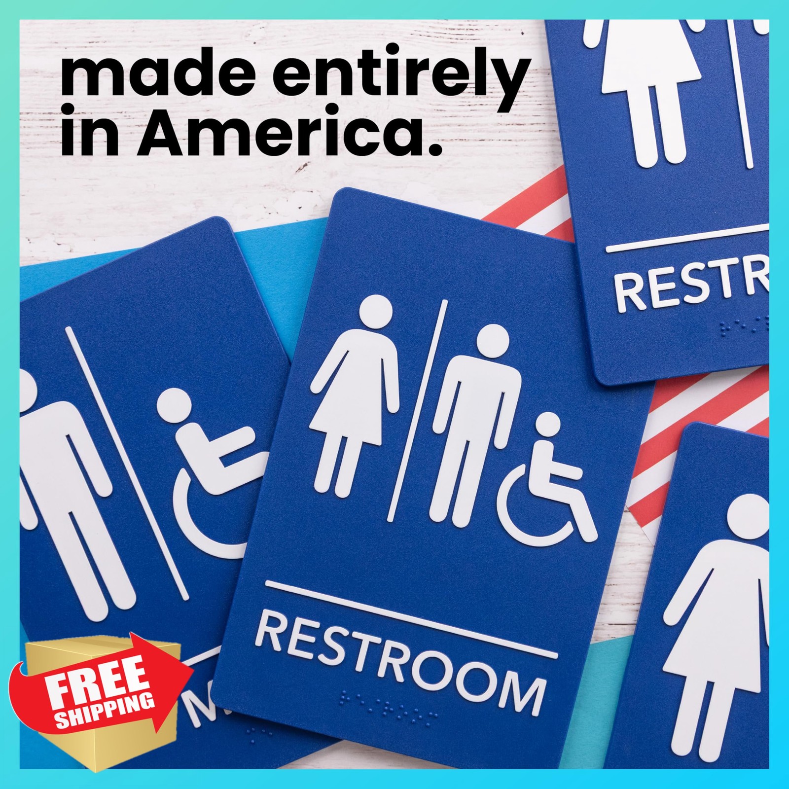 ExcelMark 6″x9″ Blue ADA Bathroom Sign Unisex Handicap Double Tape