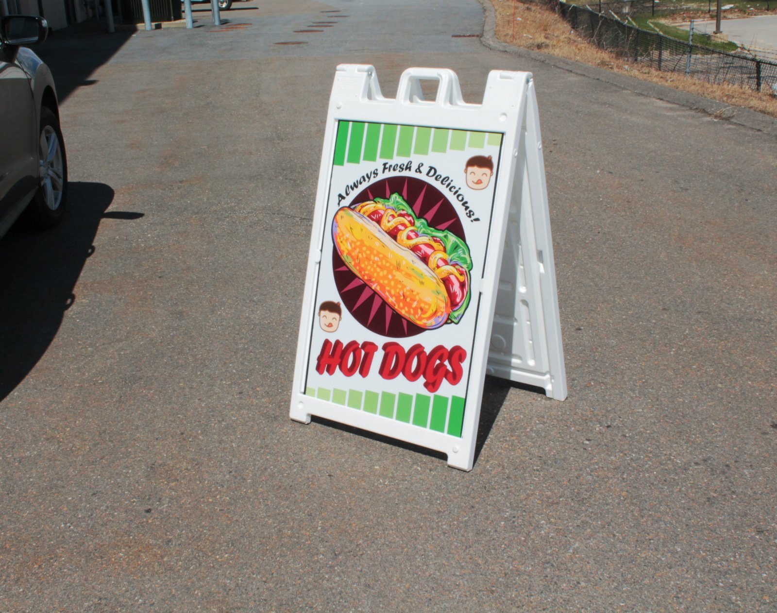 Always Fresh & Delicious Hot Dogs Store Retail Food A-Frame Sidewalk Sign