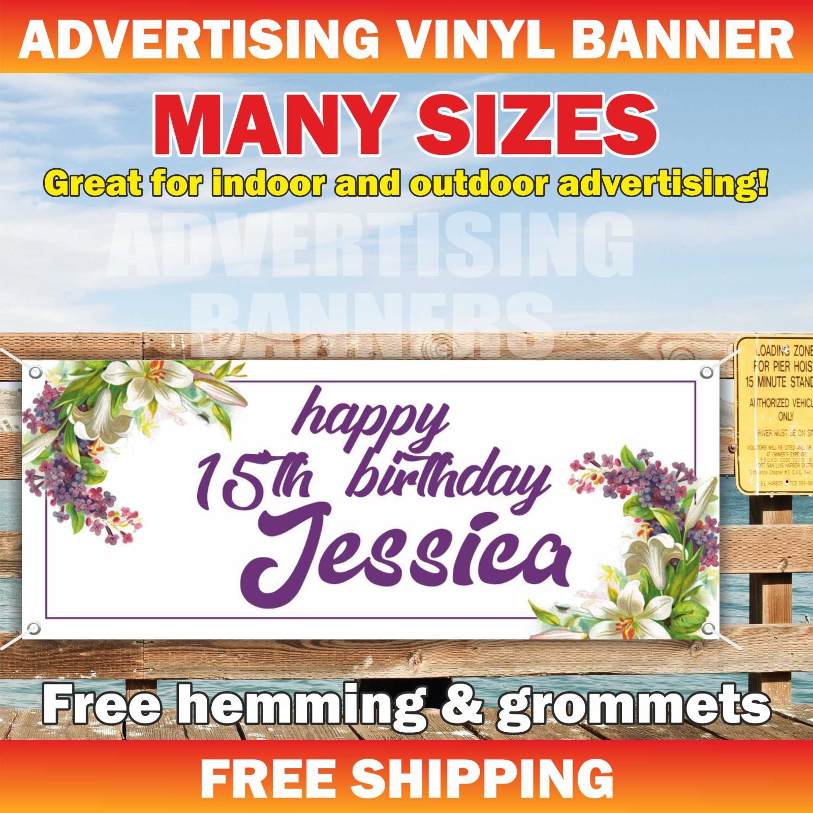 Happy 15th Birthday Advertising Banner Vinyl Sign Custom Name Text Event Holiday