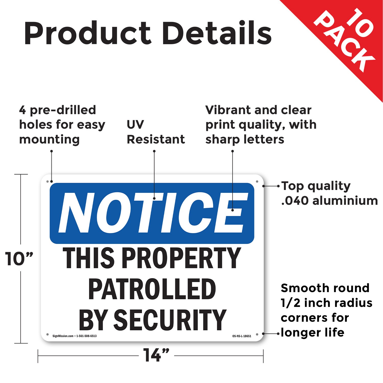 This Property Patrolled By Security OSHA Notice Sign Or Decal – 5 or 10 Pack