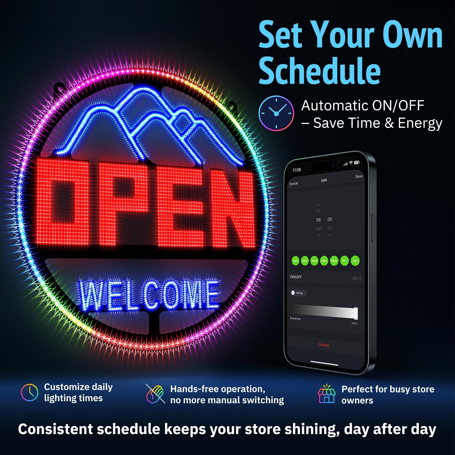 Bright LED Open Sign 16″x16″ – Remote Control, DIY Colors, Timer, 48 Modes, Adju