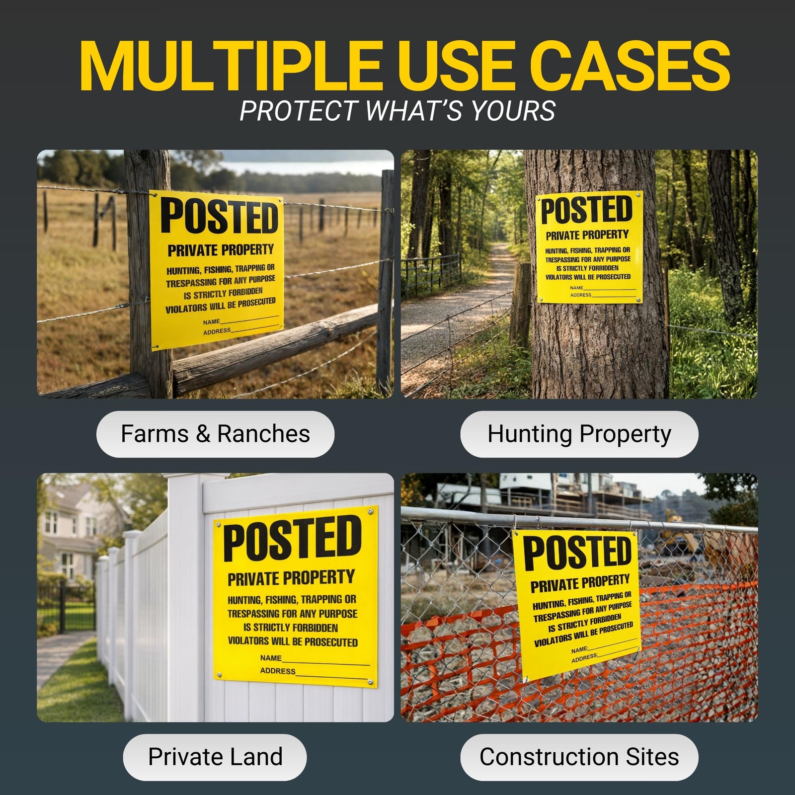 Posted Sign – No Hunting No Trespassing 11 x 11 Inch, Yellow Private Property…