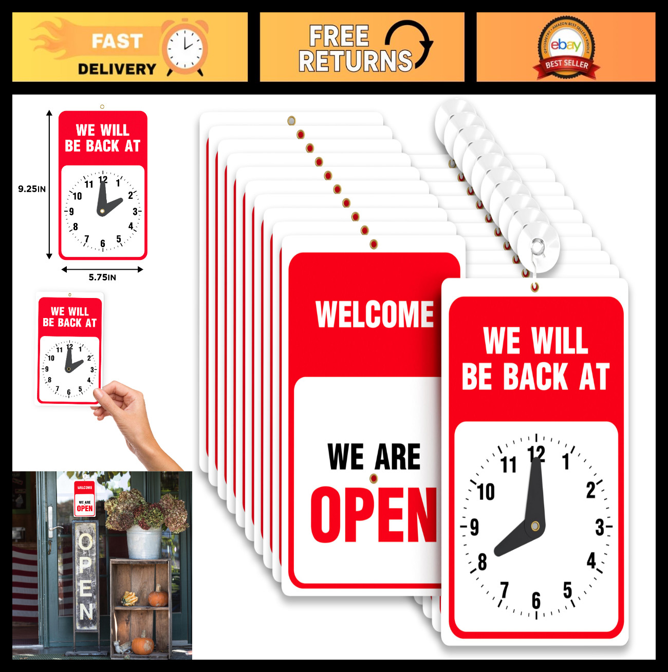 10 Pack Will Return Signs with Clock – 9.25×5.75 Inch Red & White – Suction Cup