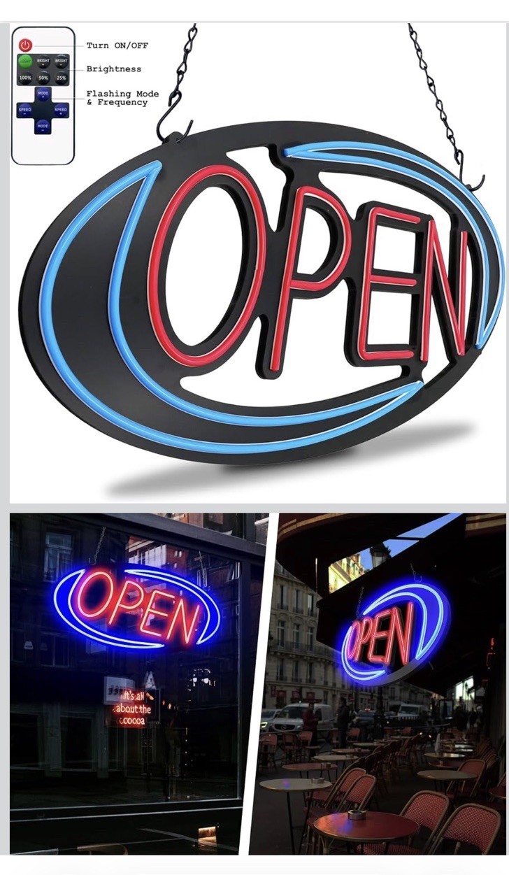 Neon LED Lighted Large Open Sign For Window, Remote Control Flashing Modes 32×16