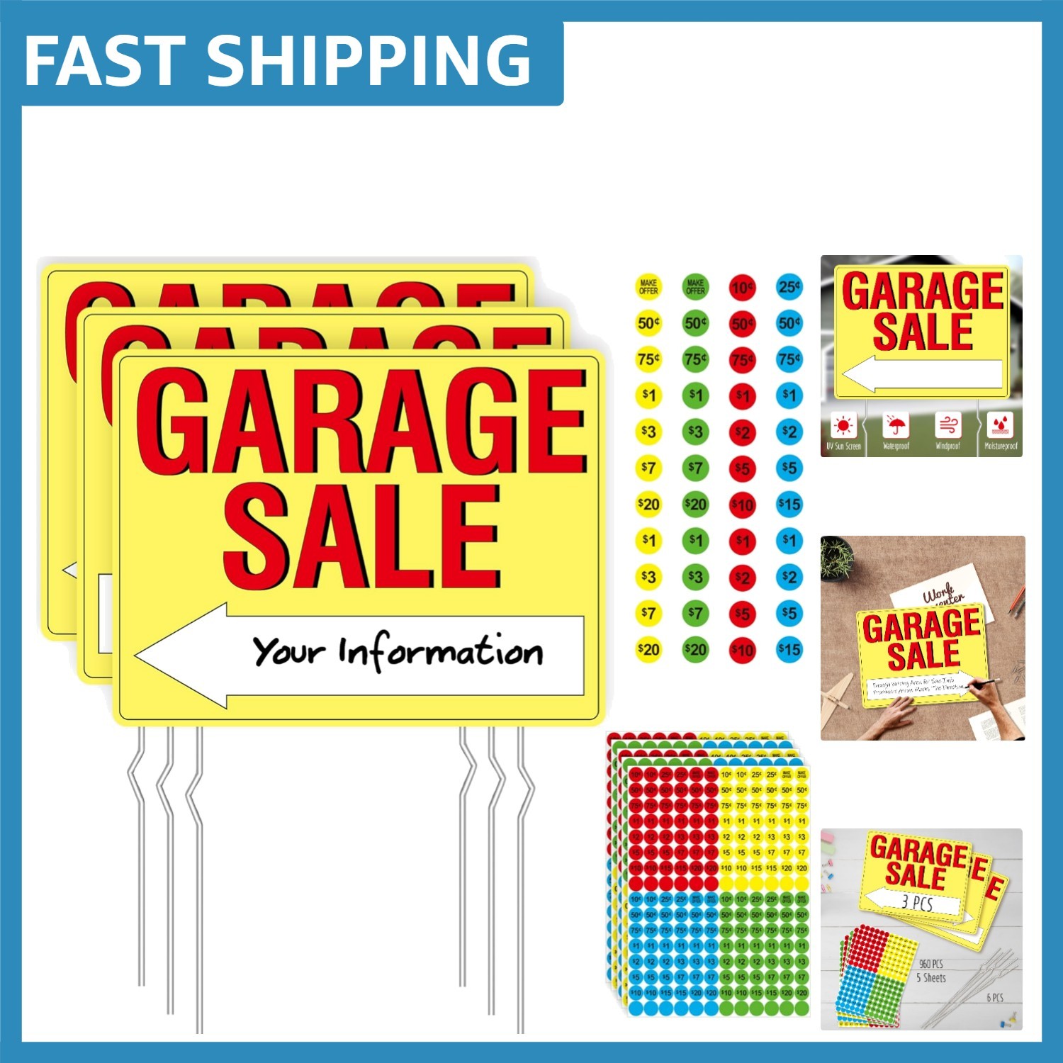 3PCS Double-Sided Garage Sale Signs with 960 Price Labels & Metal Stakes