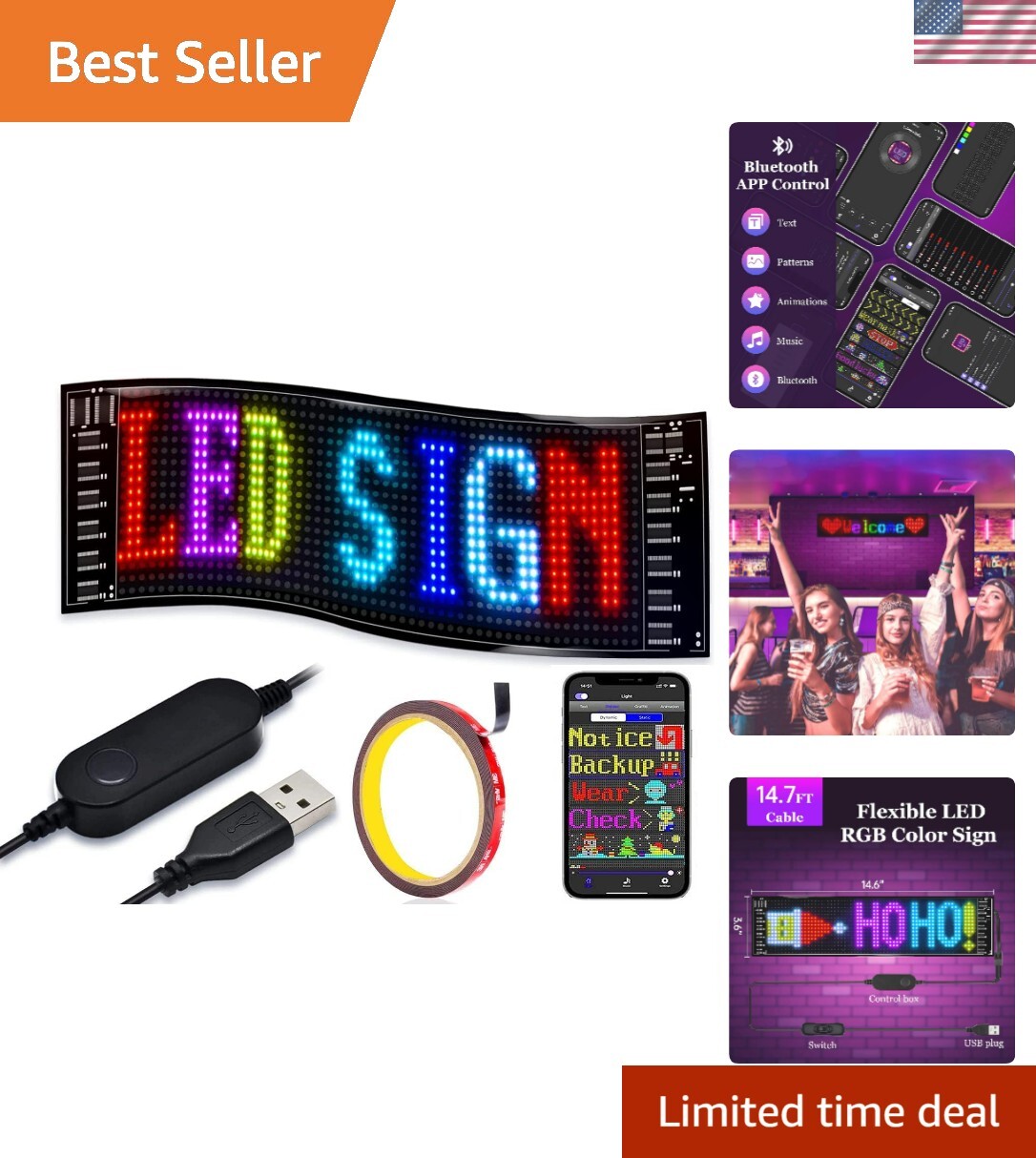Flexible LED Sign for Cars – Custom Animations & Easy Installation 14.6”x3.6”