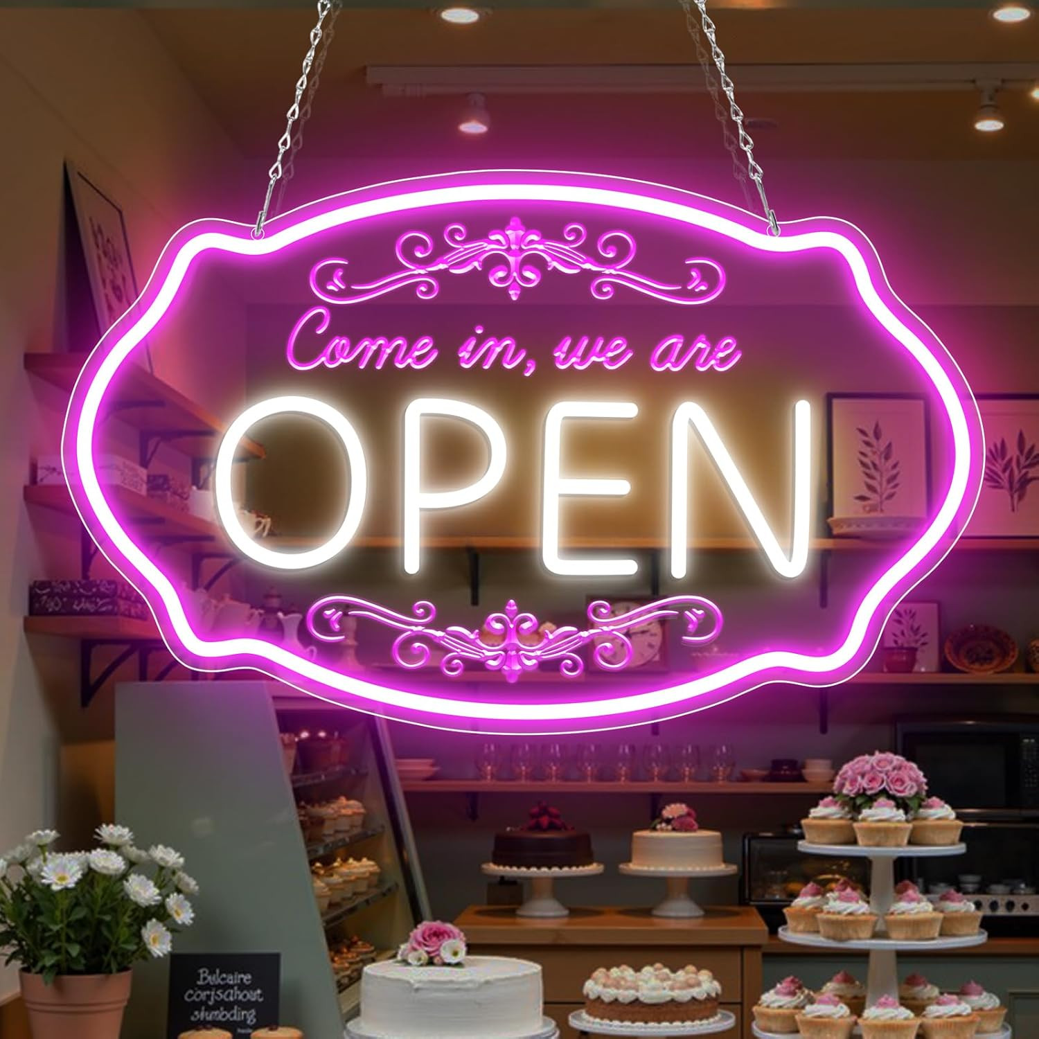 Bright Pink & White LED Neon Open Sign for Business & Parties, 16.5×10