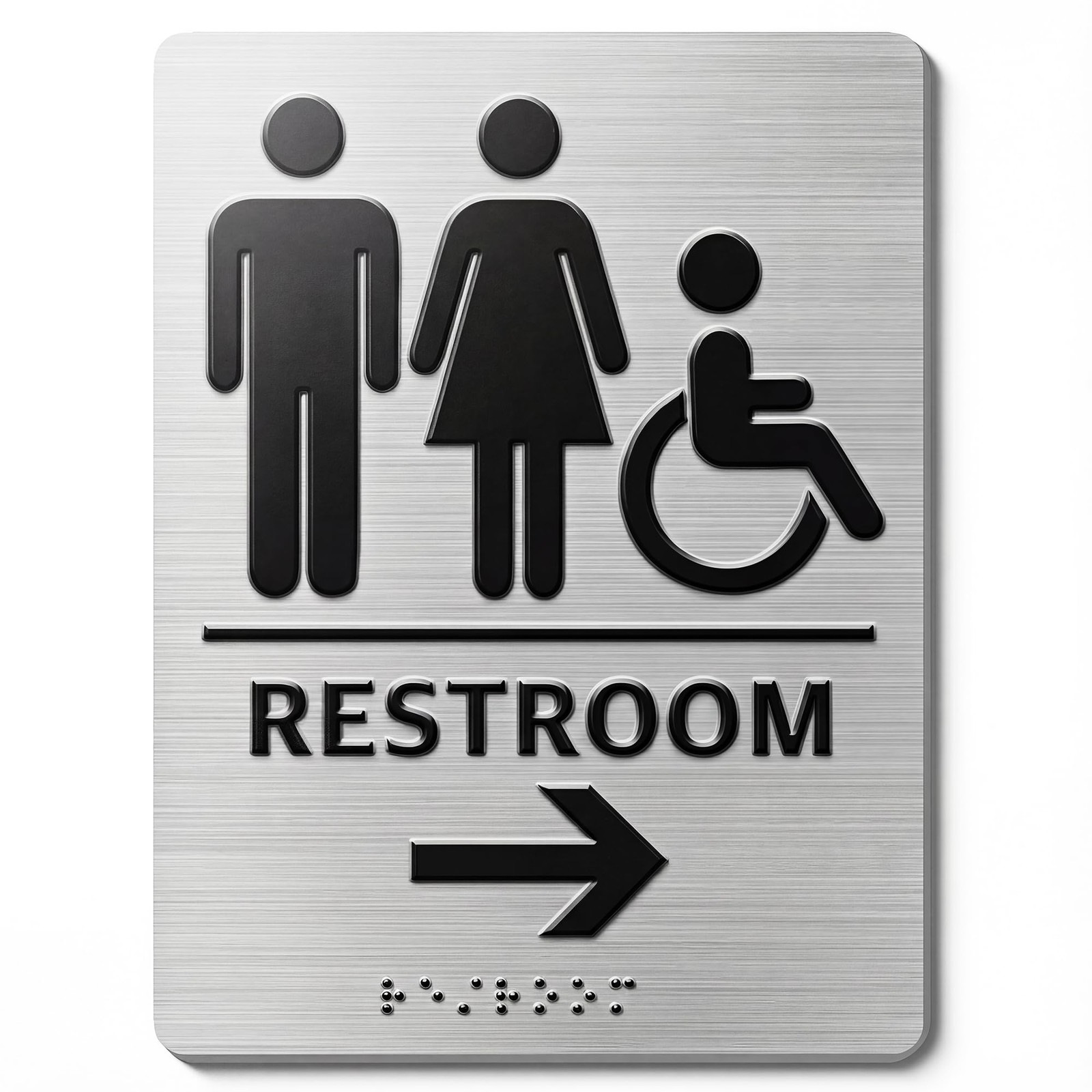 ADA Restroom Sign with Right Arrow & Grade 2 Braille, 8″ x 6″ Brushed Silver …