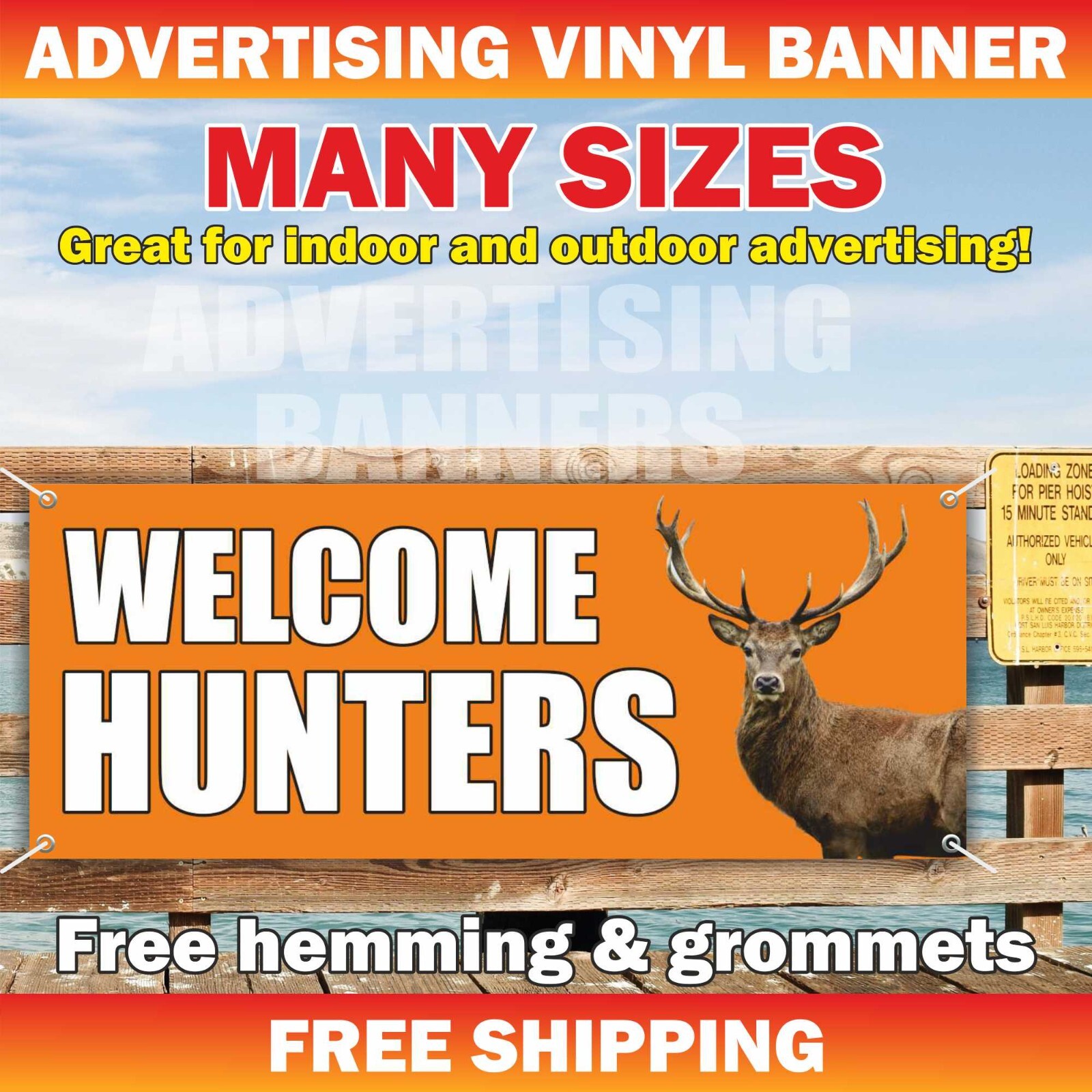 WELCOME HUNTERS Advertising Banner Vinyl Sign Event Bar Party Campsite Hotel